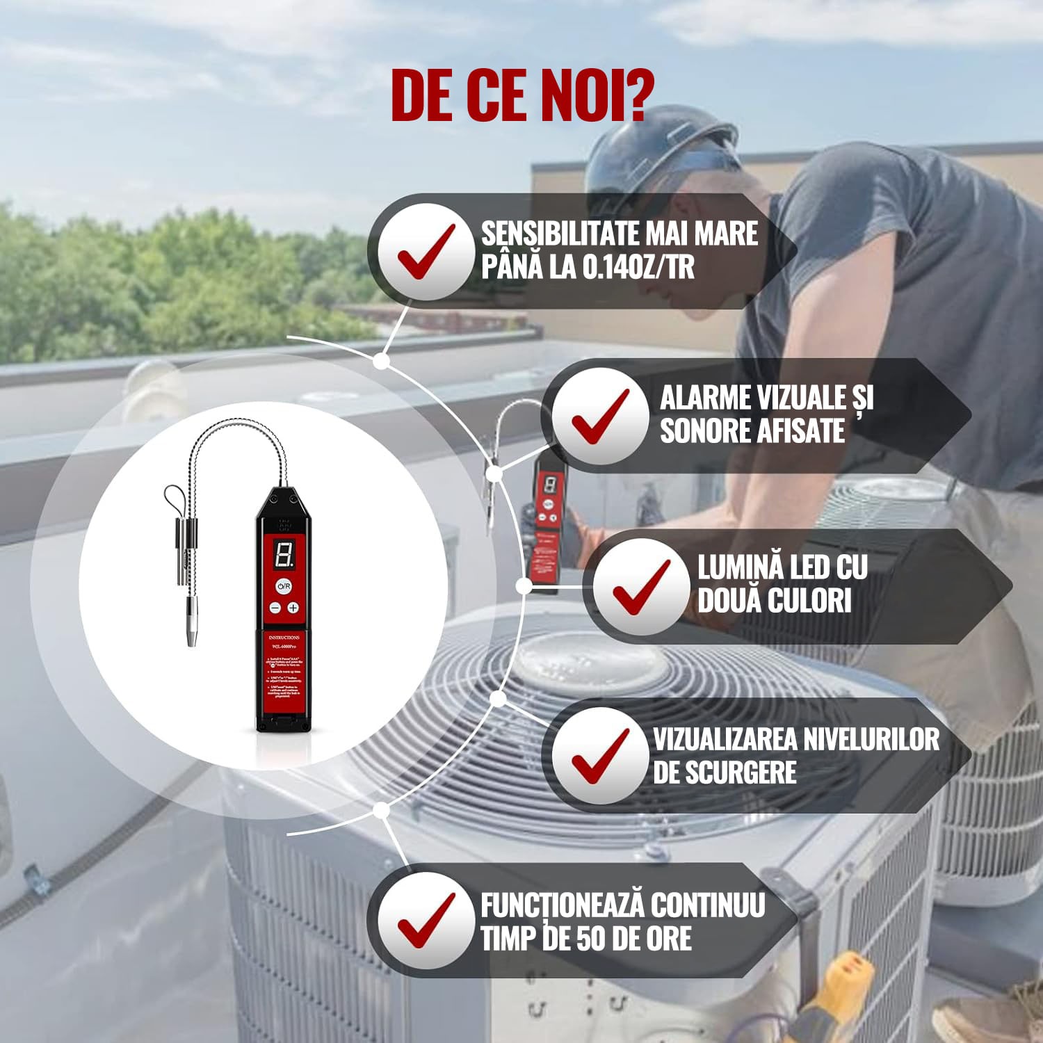Detector de precizie ridicata a scurgerilor/ pierderilor de freon din sisteme Hvac, Auto etc., cu afisaj LCD, Rosu/Negru - 4 | YEO