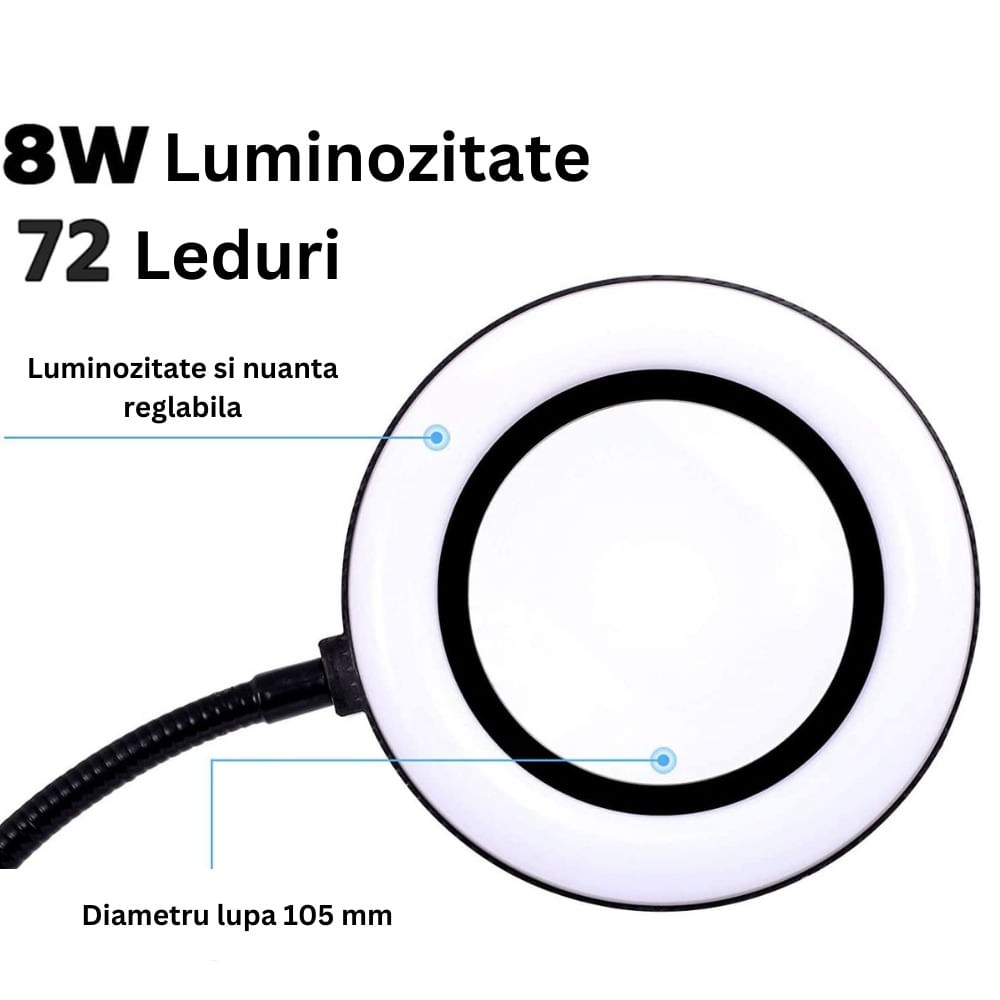 Lupa de masa 110mm diametru cu iluminare LED ajustabila, Lampa cu 10 niveluri luminozitate, clema fixare si 3 tonuri alb