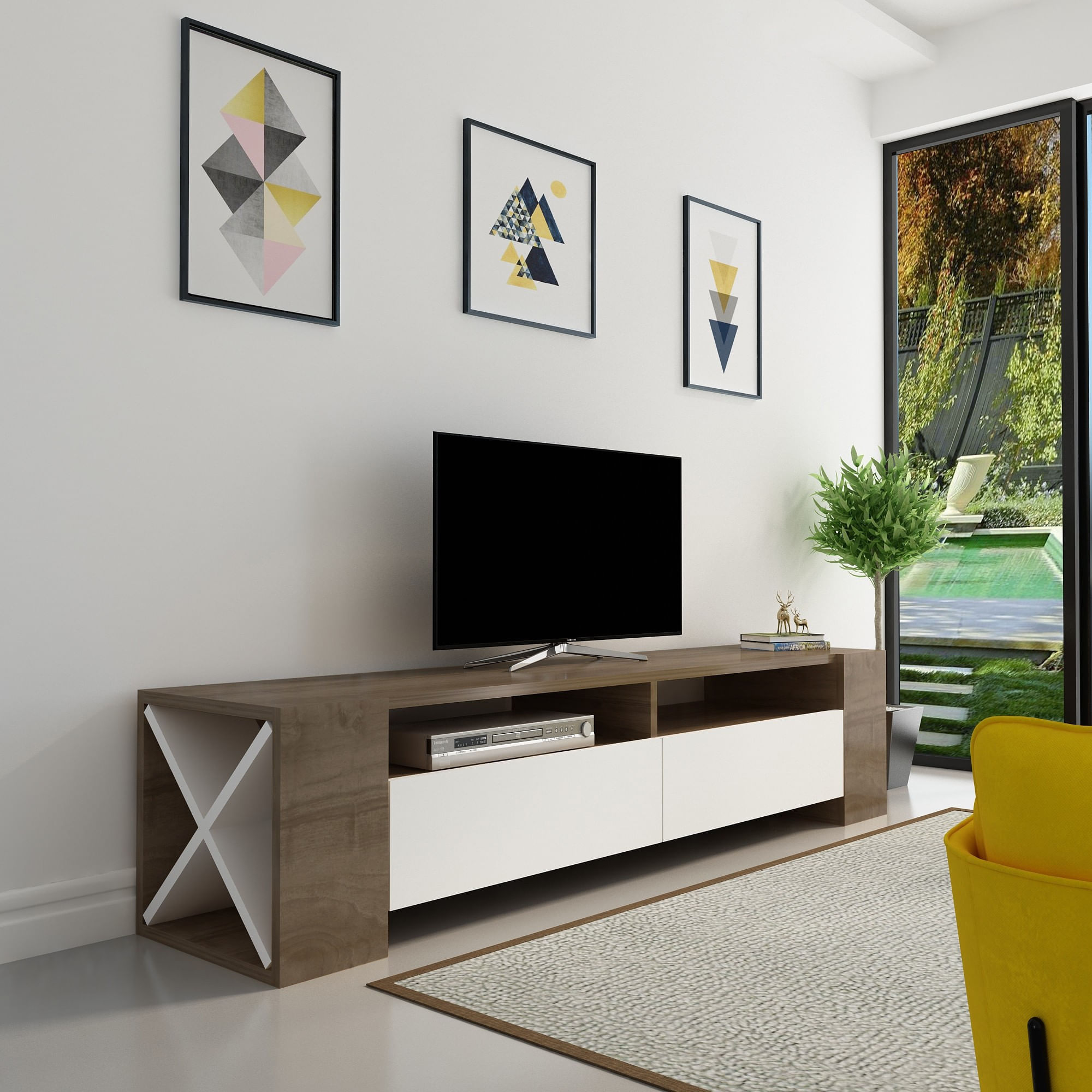 Comoda tv, Hanah Home, pal melaminat, nuc si alb, 155x35x35 cm, 875ZNA3032 — imaginea 3
