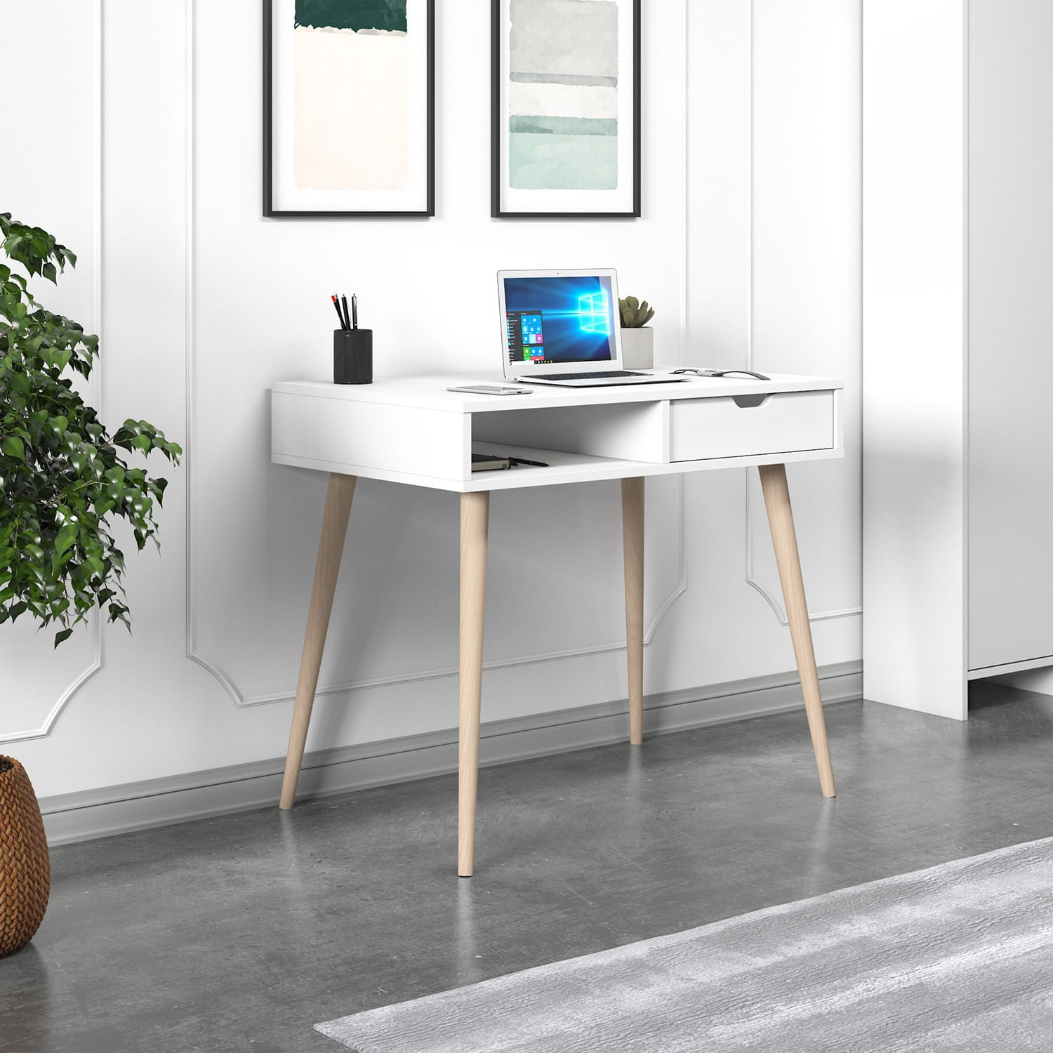 Birou de studiu, Hanah Home, panou de particule melaminat, alb si lemn, 90x60x80 cm — imaginea 2