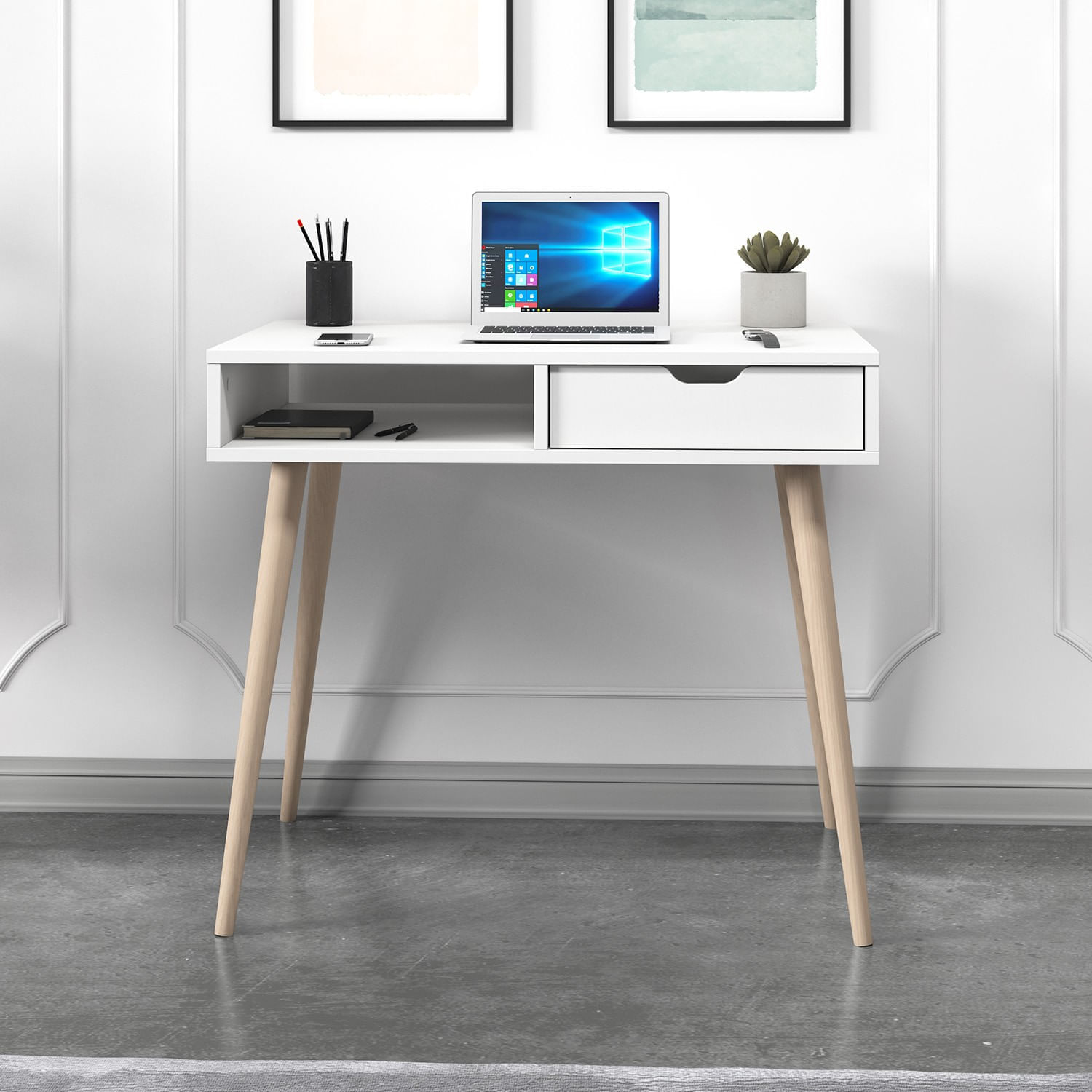 Birou de studiu, Hanah Home, panou de particule melaminat, alb si lemn, 90x60x80 cm — imaginea 5