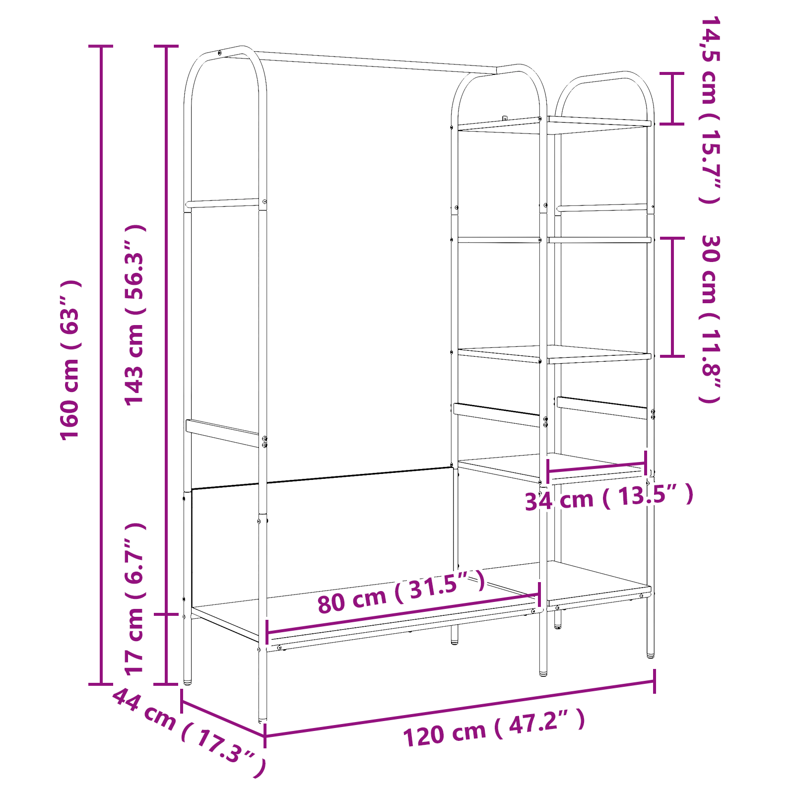 Umeras pentru haine cu rafturi Stejar Sonoma 120x44x160 cm Lemn prelucrat — imaginea 13