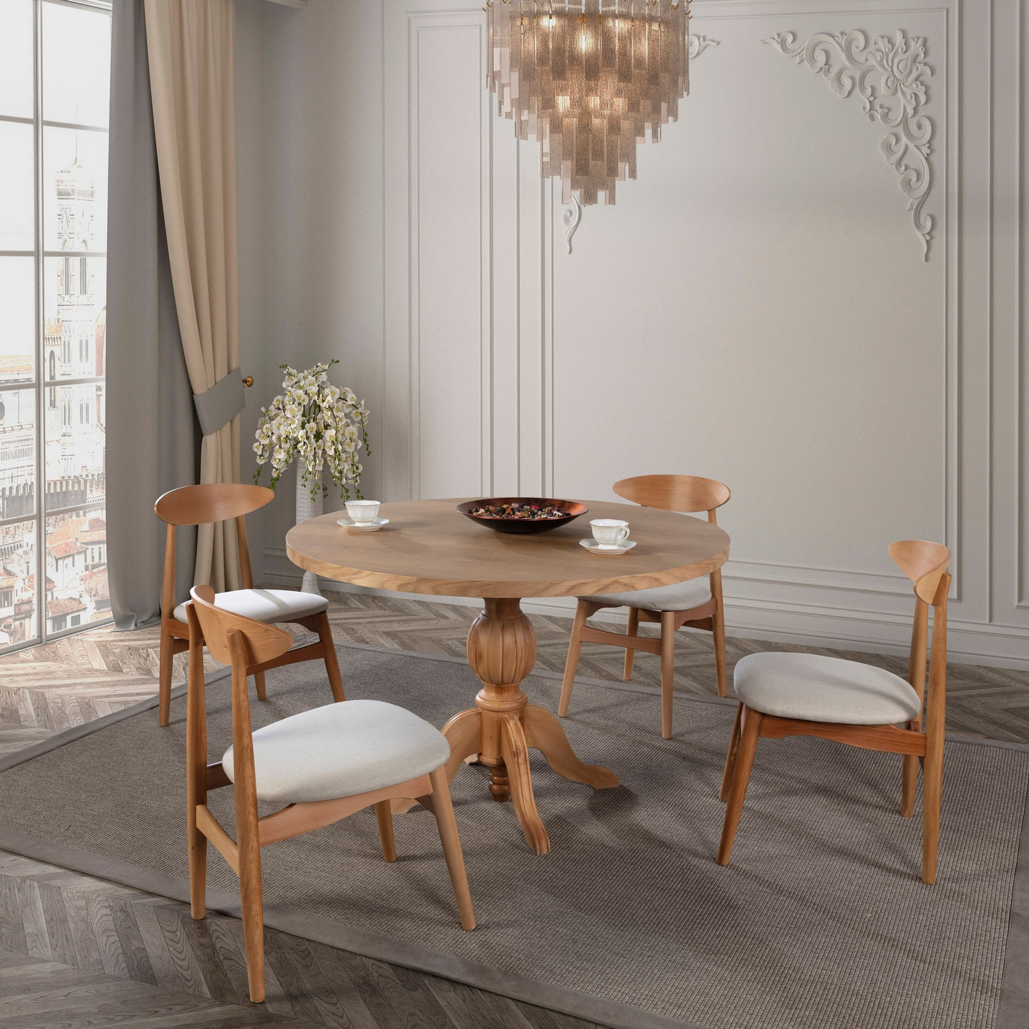 Set masa si scaune, Hanah Home, lemn de fag, natural, masa 120x120x75 cm, 4 scaune 50x55x80 cm, 117FRF1238