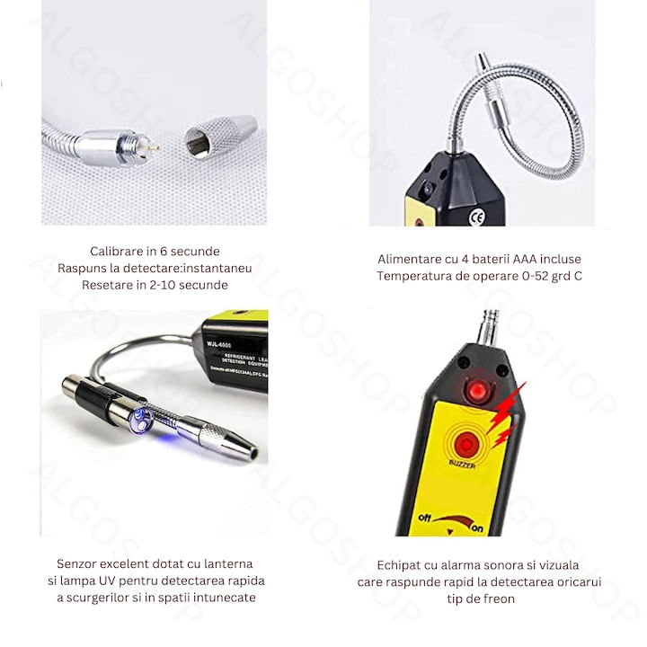 Detector de precizie ridicata a scurgerilor/pierderilor de freon din sisteme Hvac, Auto etc., cu lampa UV si lanterna
