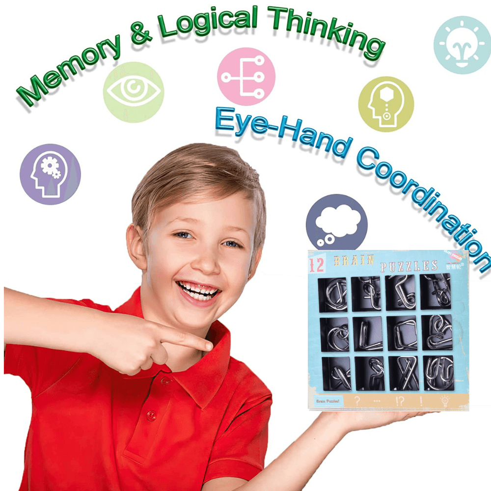 Set puzzle 3D educational si interactiv, 12 jocuri din Metal, pentru copii si adolescenti - imagine 4