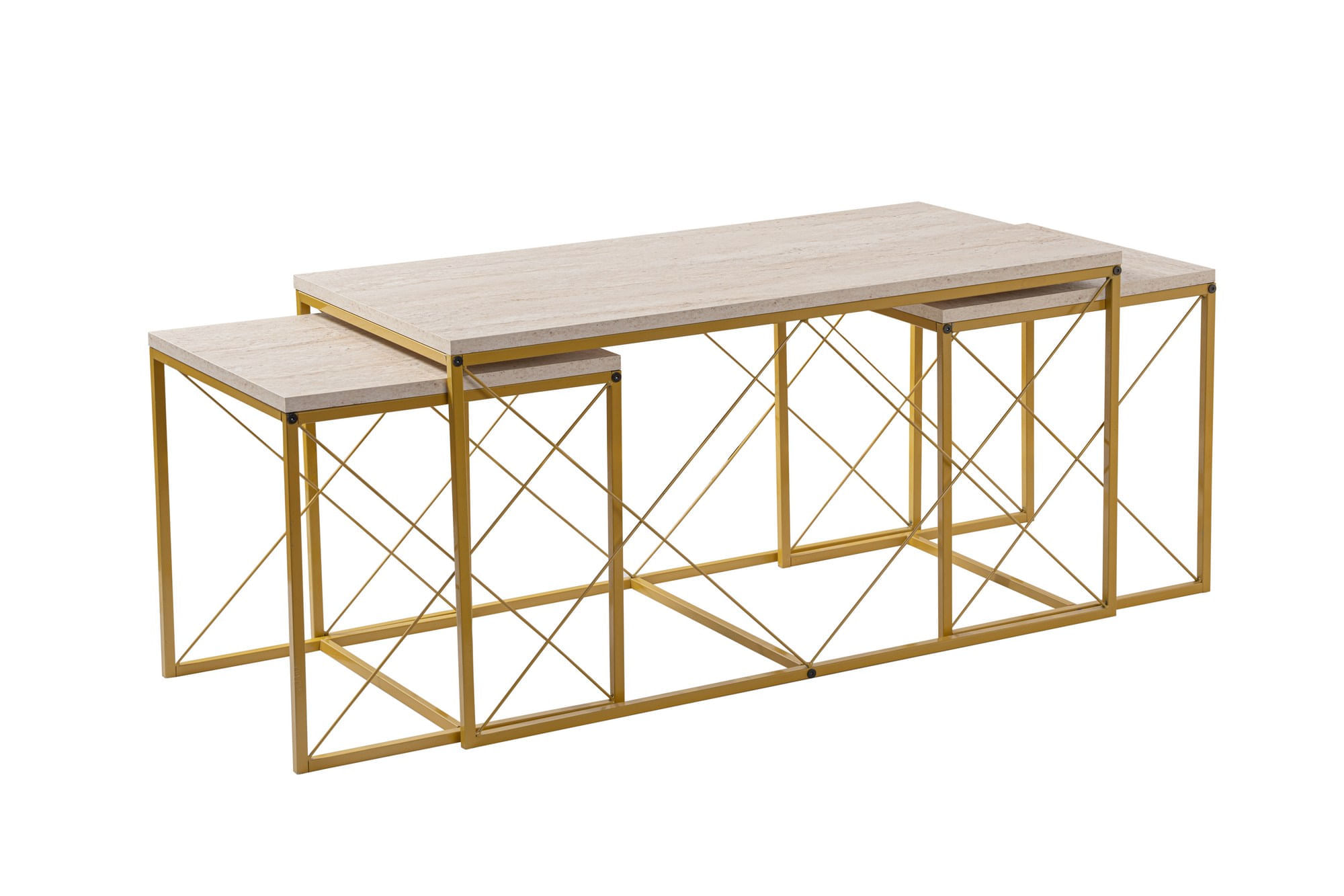 Set masute de cafea, Hanah Home, panou de particule melaminat, auriu travertin, 100x50x52 cm + 45x45x52 cm