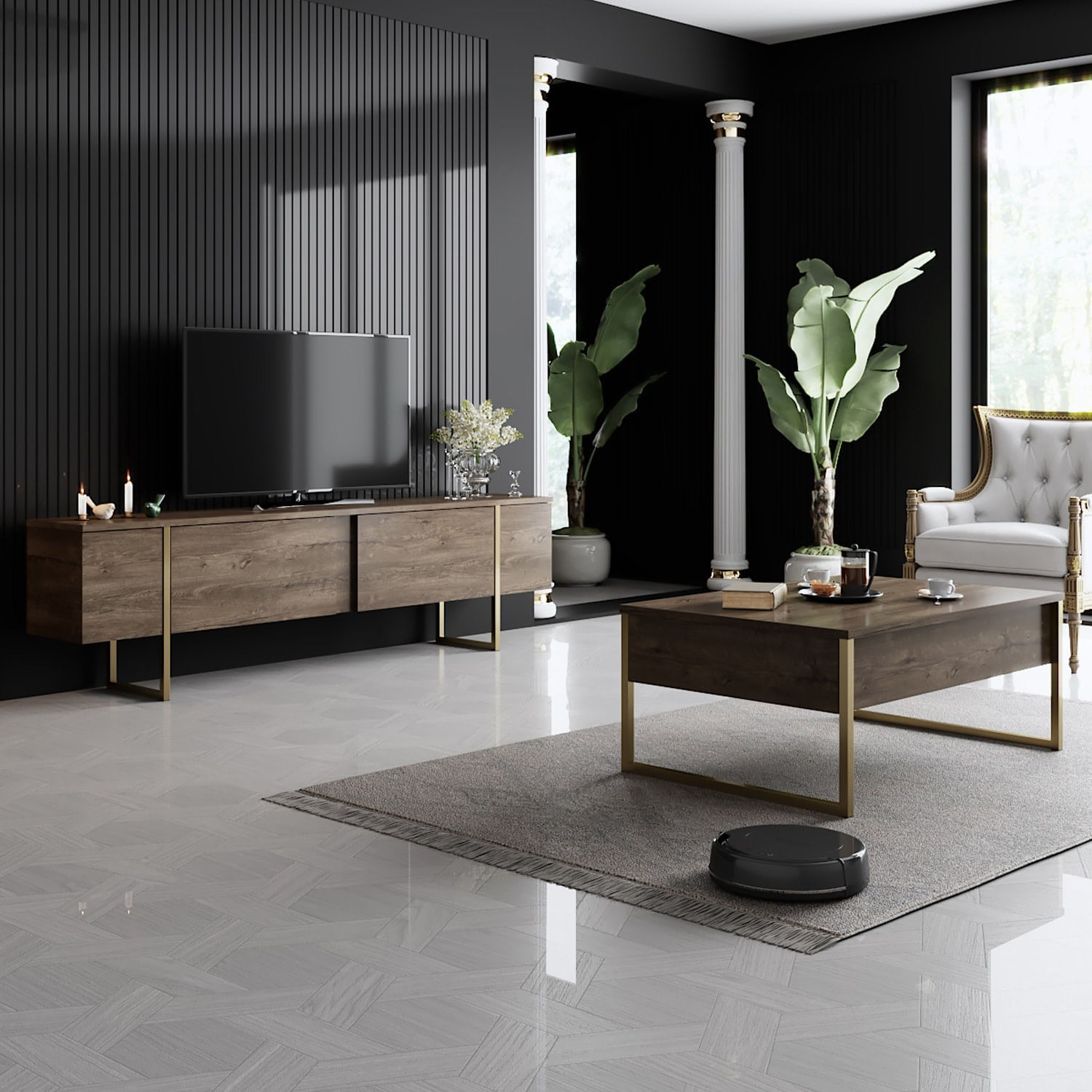 Set mobilier living, Hanah Home, pal melaminat, nuc si auriu, comoda tv 180x30x47 cm, masuta cafea 90x39x40 cm