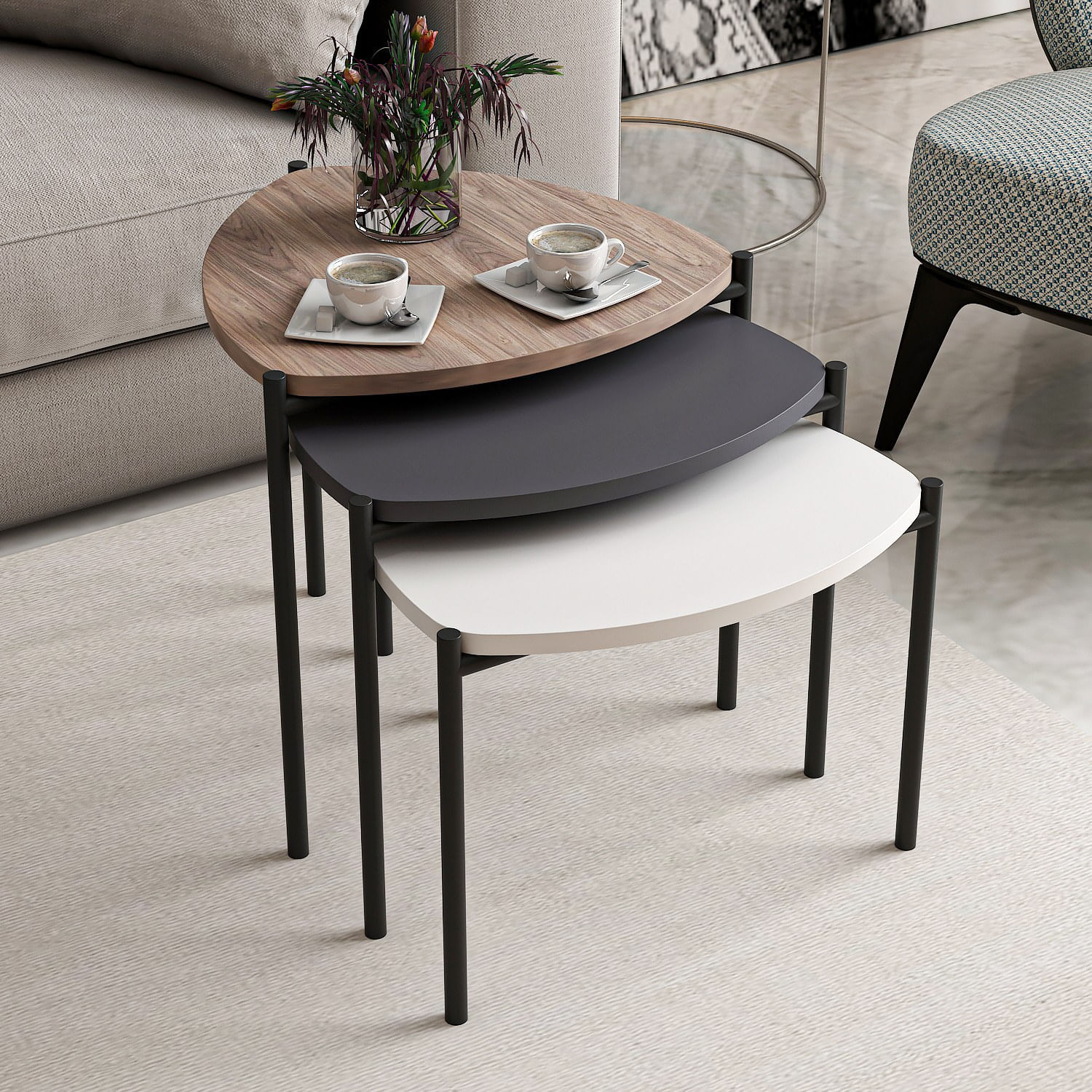 Set masute cuib, Hanah Home, pal melaminat, alb antracit nuc, 45x45x45 cm — imaginea 2