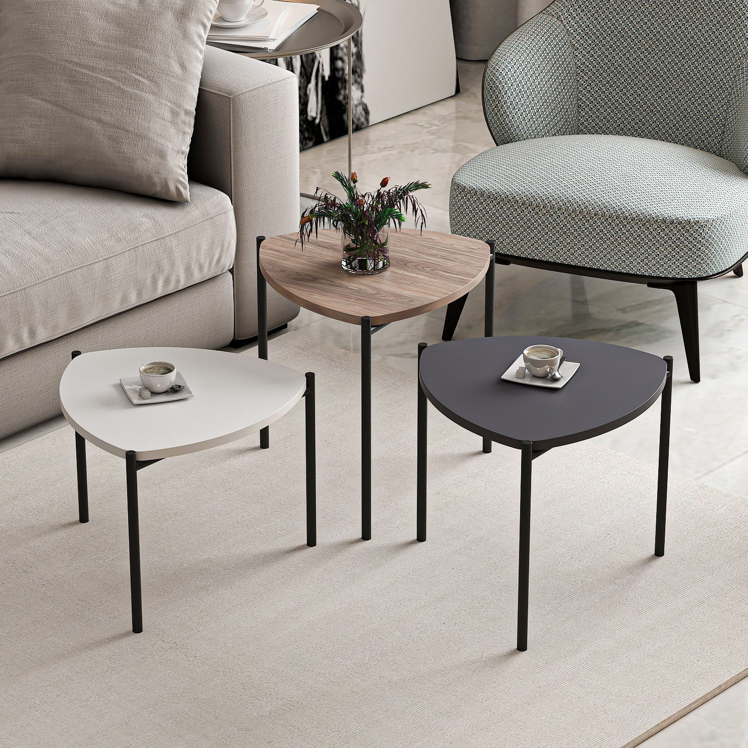 Set masute cuib, Hanah Home, pal melaminat, alb antracit nuc, 45x45x45 cm — imaginea 3
