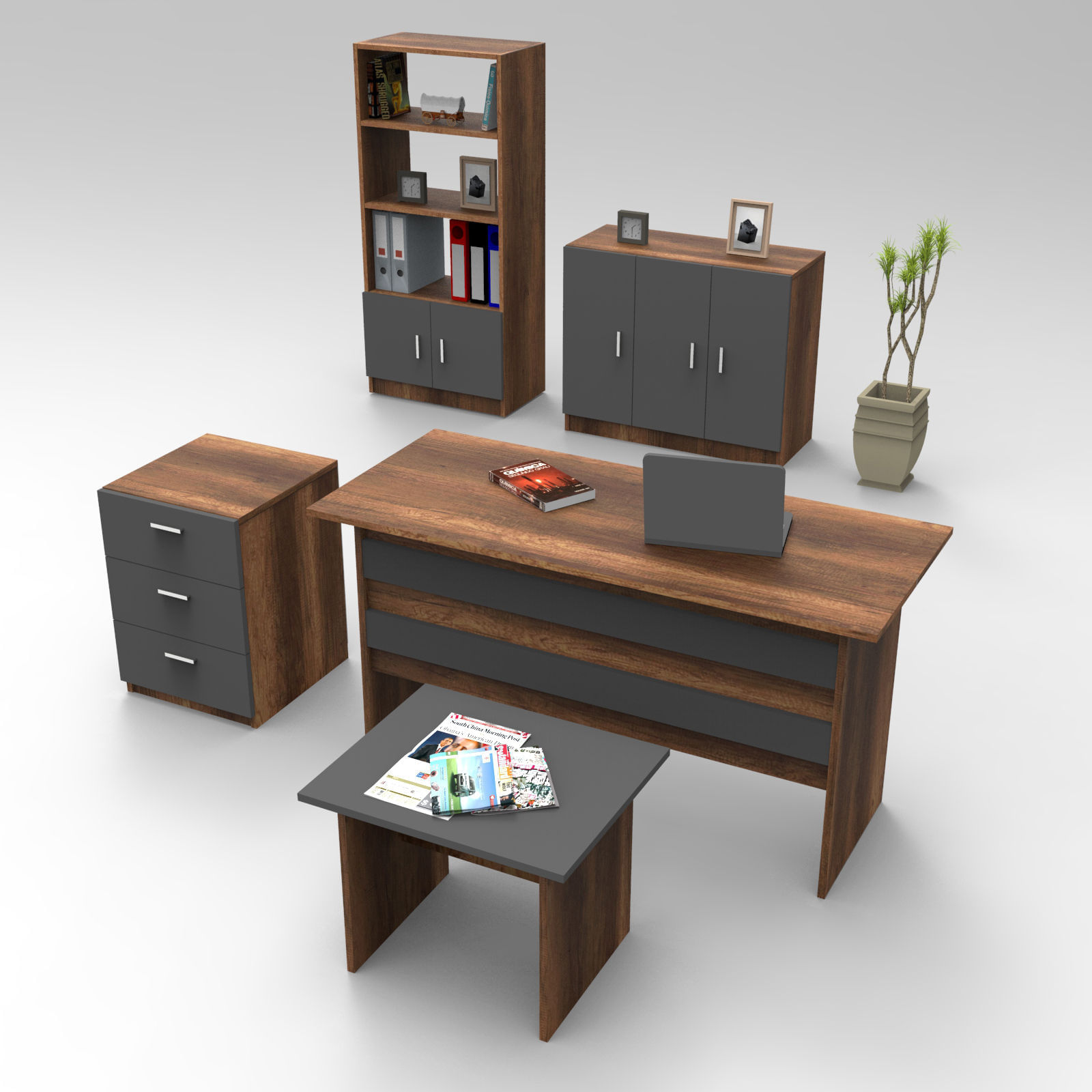 Set mobilier birou, Hanah Home, pal melaminat, nuc si antracit, birou 140x60x73.8 cm