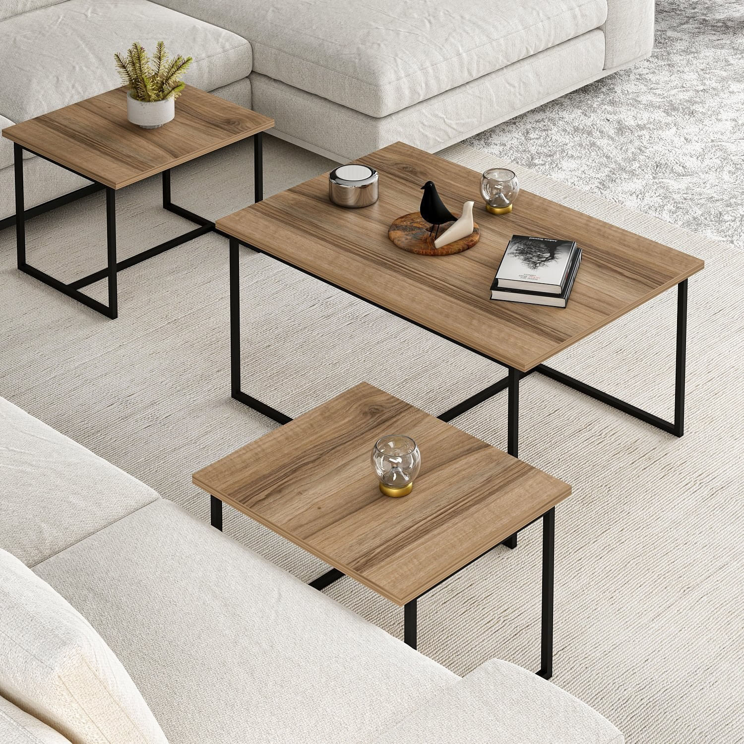 Set masute de cafea, Hanah Home, pal melaminat, nuc, 90x60x42 cm, 52x45x37 cm — imaginea 2