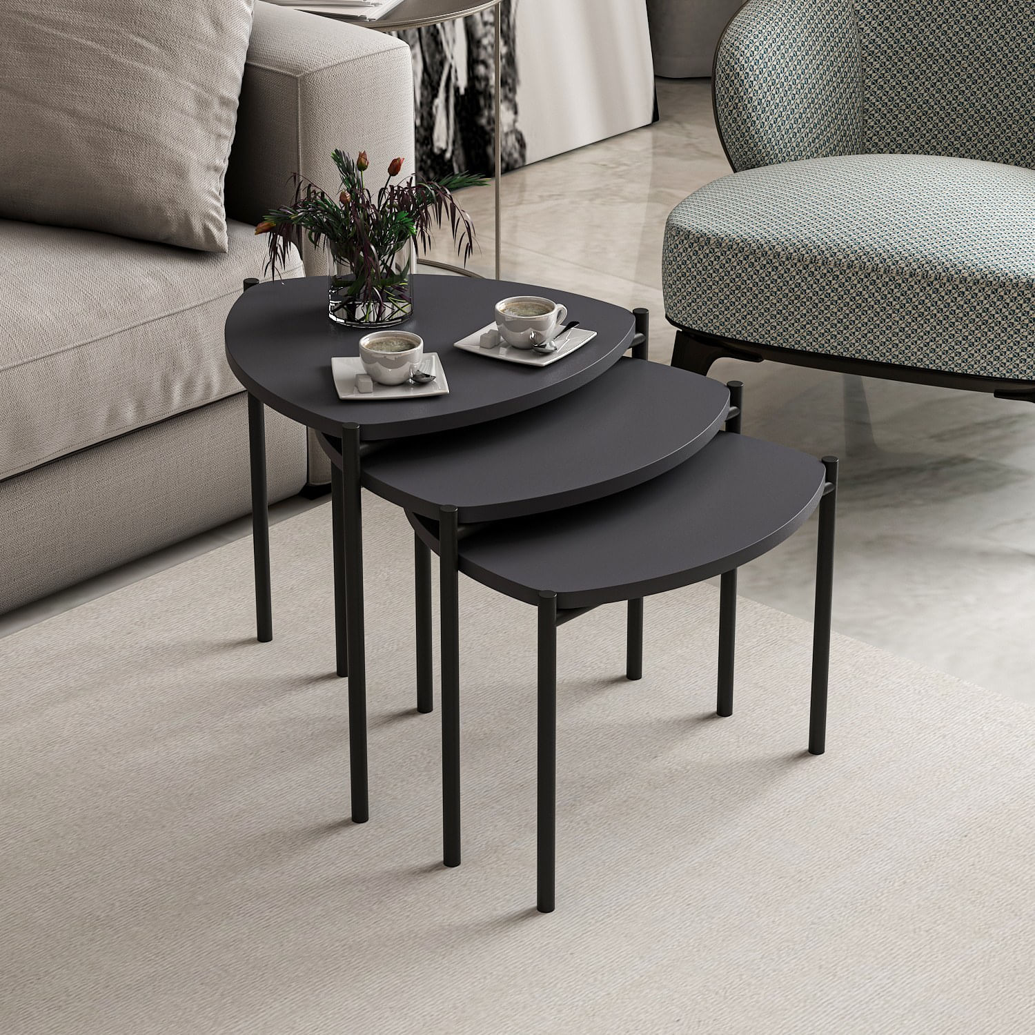 Set masute de cafea, Hanah Home, pal melaminat, antracit, 45x45x45 cm, set 3 piese — imaginea 4