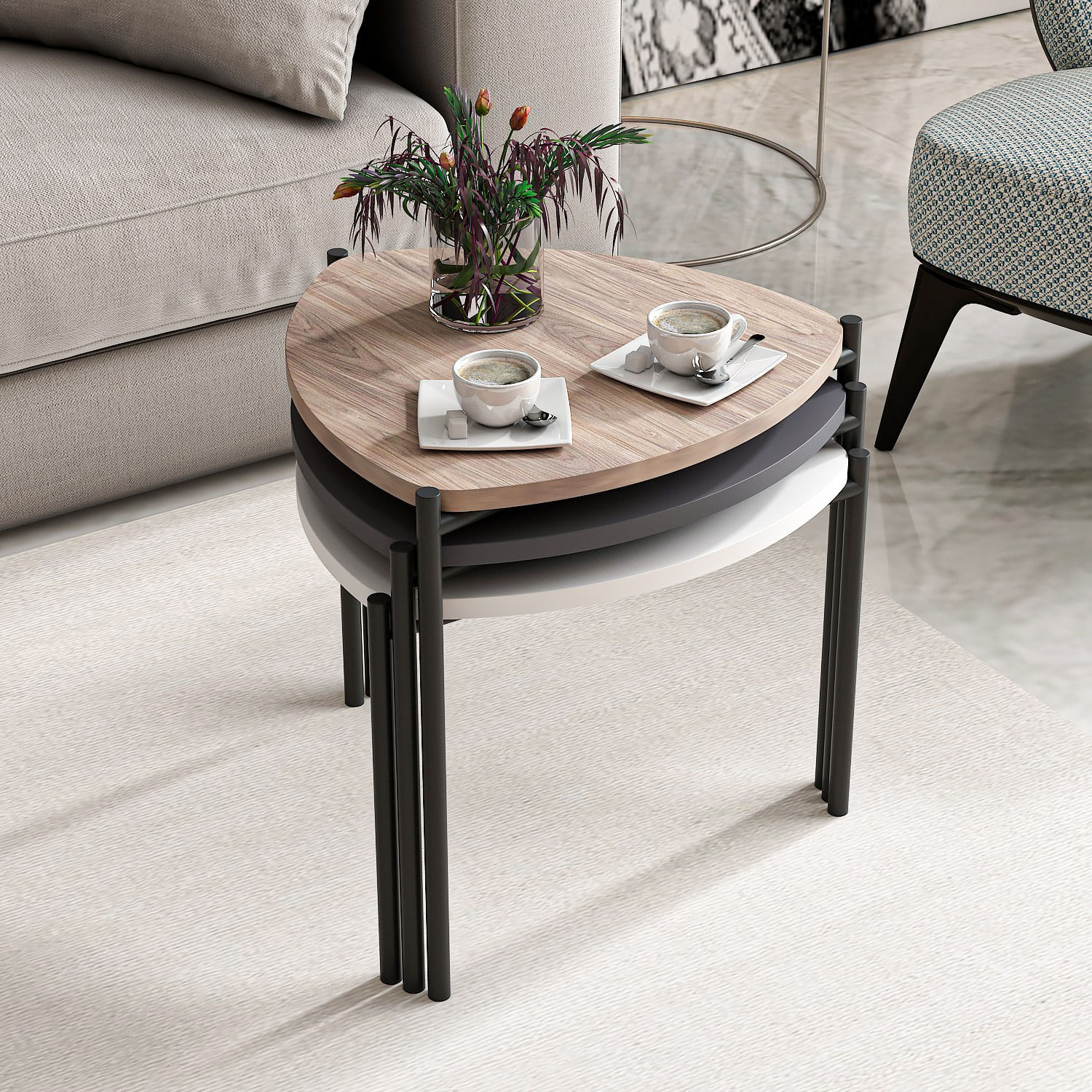 Set masute cuib, Hanah Home, pal melaminat, alb antracit nuc, 45x45x45 cm — imaginea 4