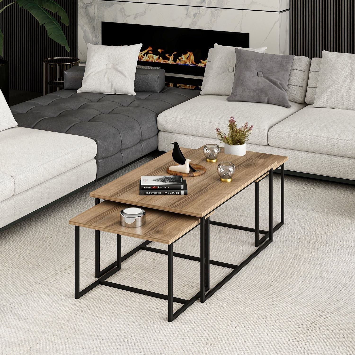 Set masute de cafea, Hanah Home, pal melaminat, nuc, 90x60x42 cm, 52x45x37 cm — imaginea 3