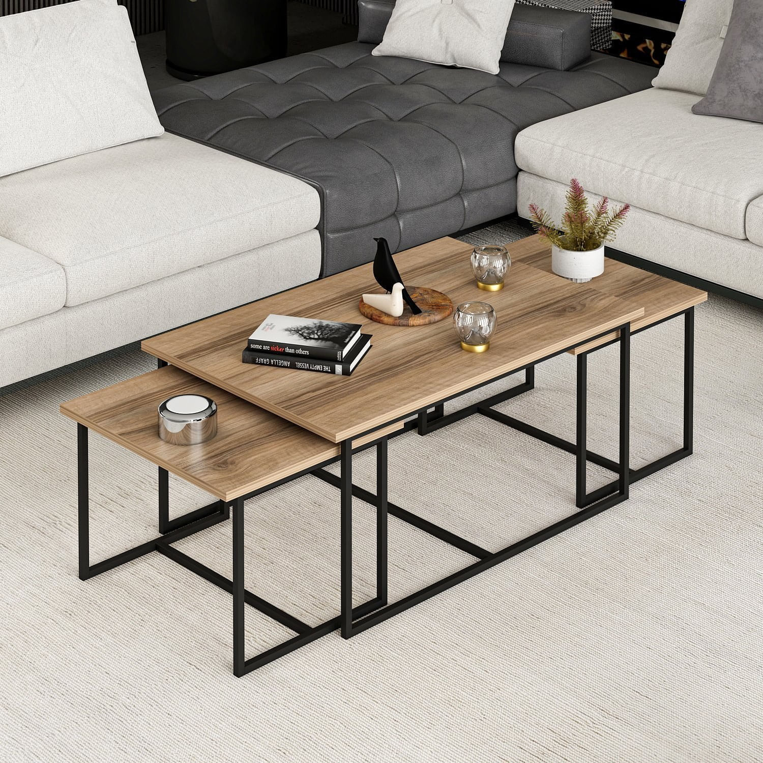 Set masute de cafea, Hanah Home, pal melaminat, nuc, 90x60x42 cm, 52x45x37 cm — imaginea 4