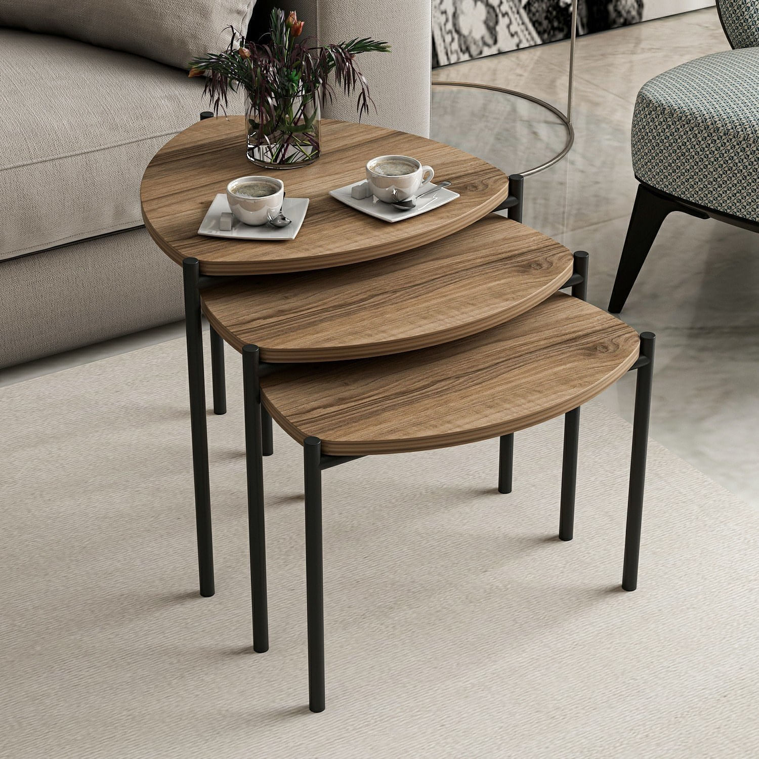 Set masute de cafea, Hanah Home, panou aglomerat melaminat, nuc, cadru metalic, 45x45x45 cm, 45x45x40 cm, 45x45x35 cm — imaginea 2
