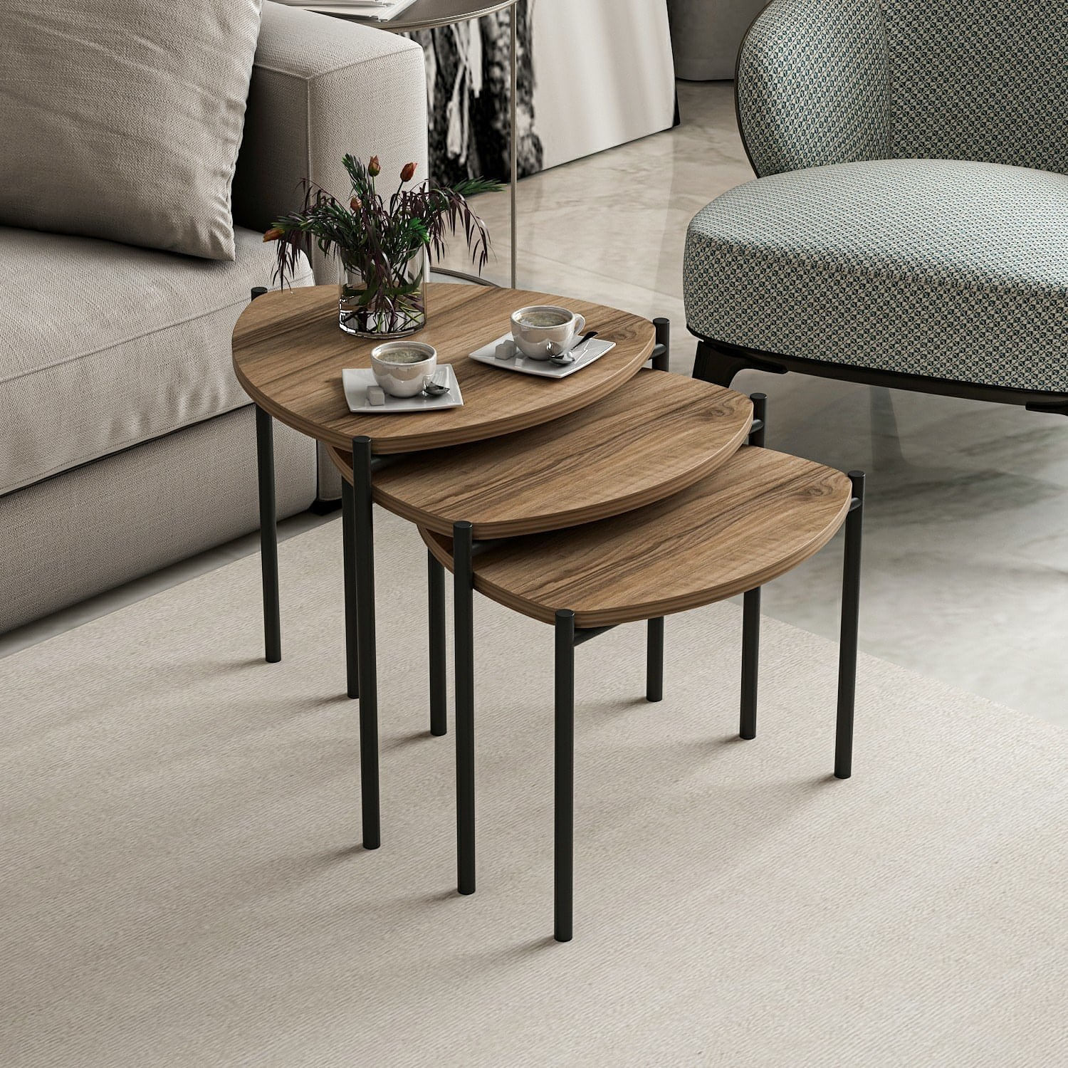 Set masute de cafea, Hanah Home, panou aglomerat melaminat, nuc, cadru metalic, 45x45x45 cm, 45x45x40 cm, 45x45x35 cm — imaginea 3