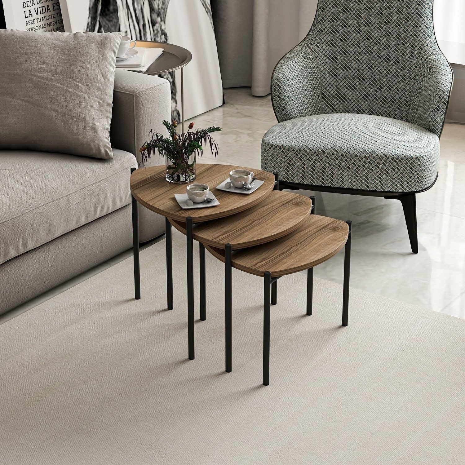 Set masute de cafea, Hanah Home, panou aglomerat melaminat, nuc, cadru metalic, 45x45x45 cm, 45x45x40 cm, 45x45x35 cm — imaginea 4