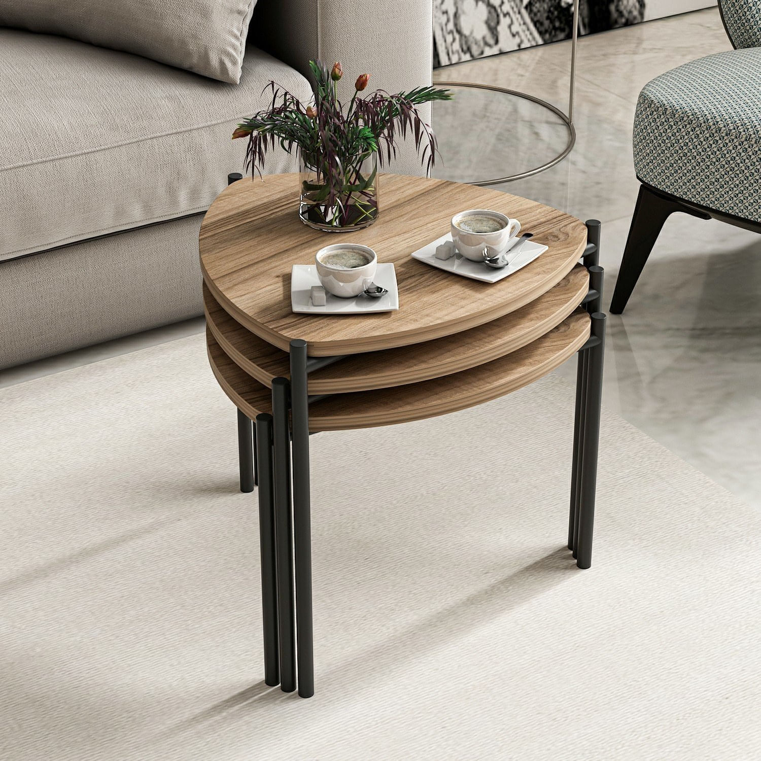 Set masute de cafea, Hanah Home, panou aglomerat melaminat, nuc, cadru metalic, 45x45x45 cm, 45x45x40 cm, 45x45x35 cm — imaginea 5