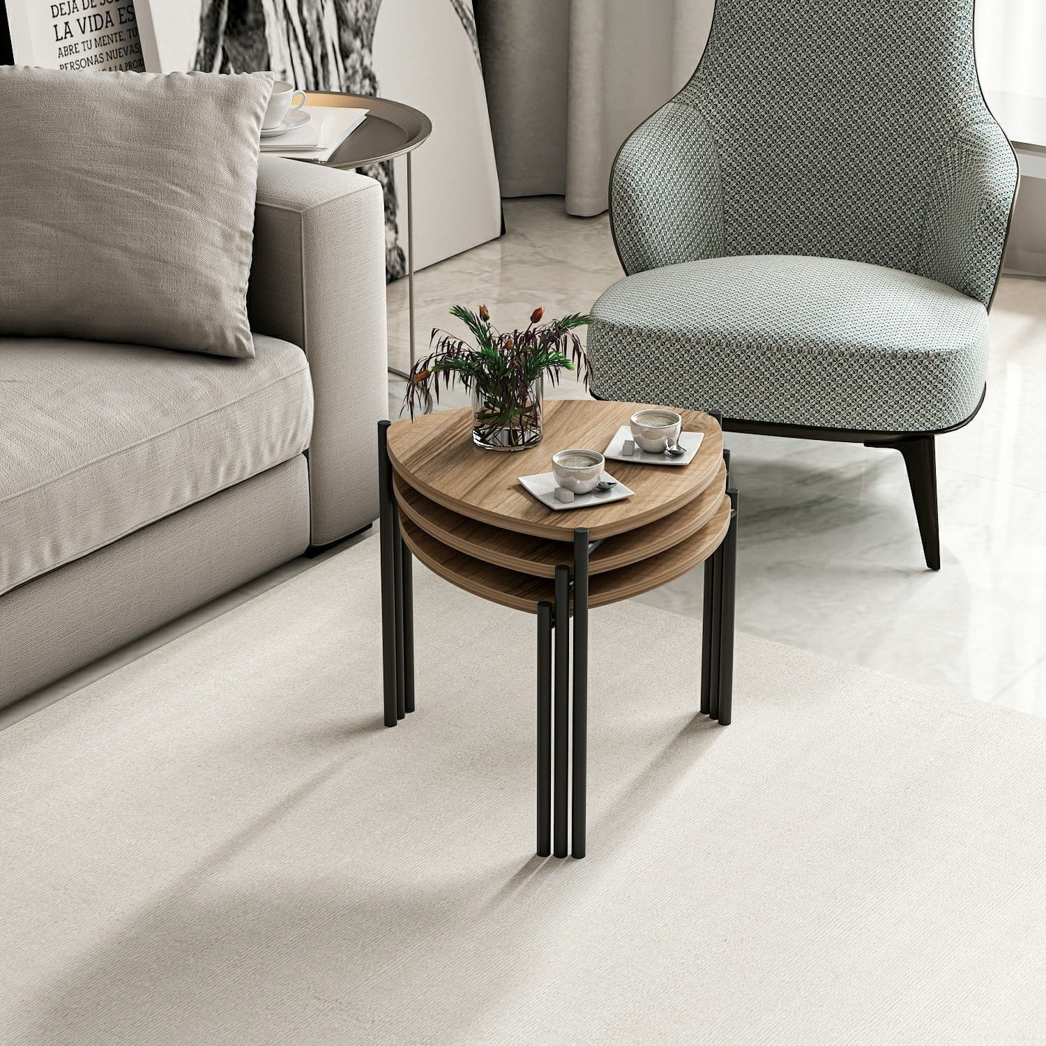 Set masute de cafea, Hanah Home, panou aglomerat melaminat, nuc, cadru metalic, 45x45x45 cm, 45x45x40 cm, 45x45x35 cm — imaginea 6