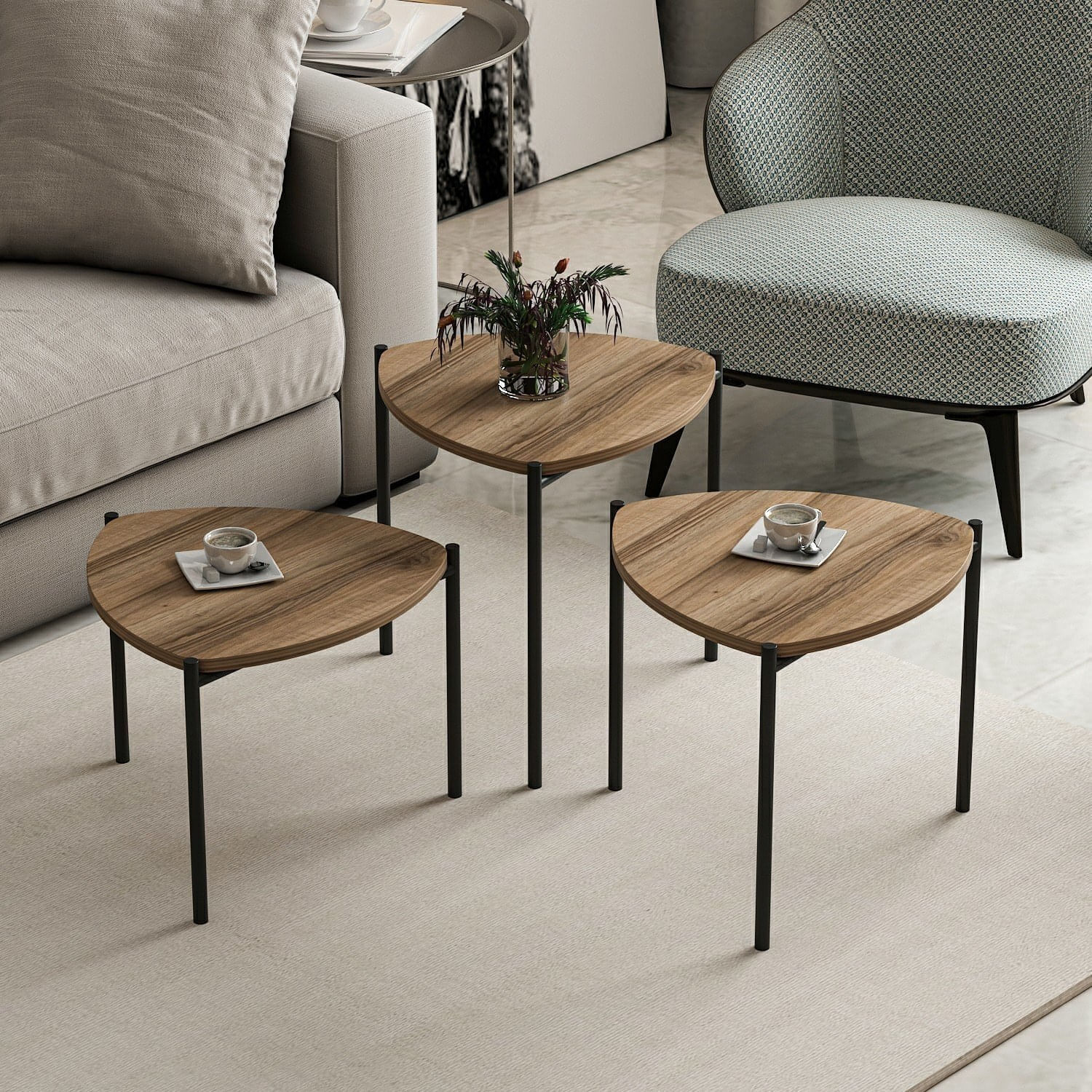 Set masute de cafea, Hanah Home, panou aglomerat melaminat, nuc, cadru metalic, 45x45x45 cm, 45x45x40 cm, 45x45x35 cm — imaginea 7