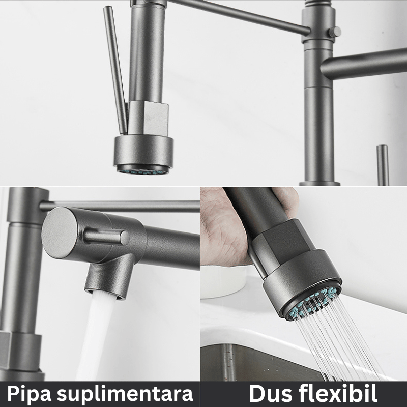 Baterie bucatarie profesionala din Cupru, cu dus flexibil, 2 functii curgere a apei, 360 de grade, gri antracit - imagine 5