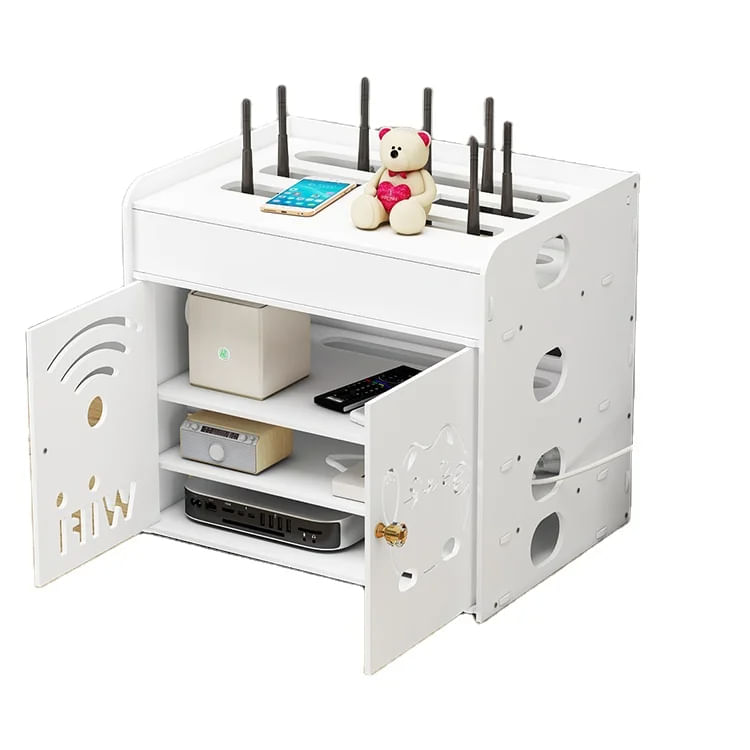 Raft Suport Router Wireless Seezesol Solution™, mascare fire si echipamente WI-FI, 36x32.5x26.5 cm, 4 compartimente, alb
