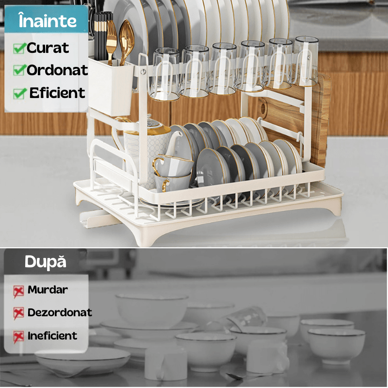 Raft scurgator de vase, Seezesol Solution® suport cutite, tacamuri, pahare, tocator, tava cu tub de scurgere, 42x29x33cm - imagine 2