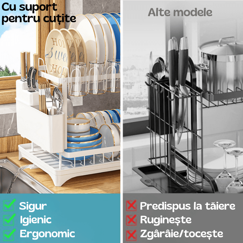 Raft scurgator de vase, Seezesol Solution® suport cutite, tacamuri, pahare, tocator, tava cu tub de scurgere, 42x29x33cm - imagine 3