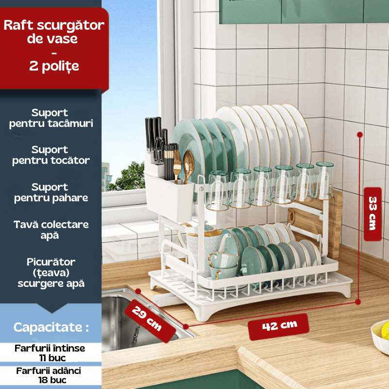 Raft scurgator de vase, Seezesol Solution® suport cutite, tacamuri, pahare, tocator, tava cu tub de scurgere, 42x29x33cm - imagine 6