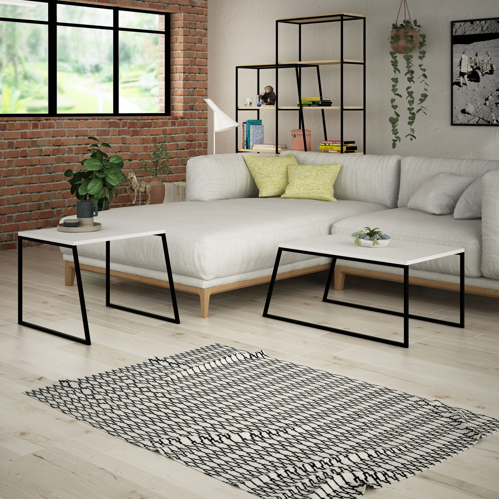 Set masute de cafea, Hanah Home, pal melaminat si metal, alb si negru, 88x50x38 cm si 57x55x45 cm — imaginea 2
