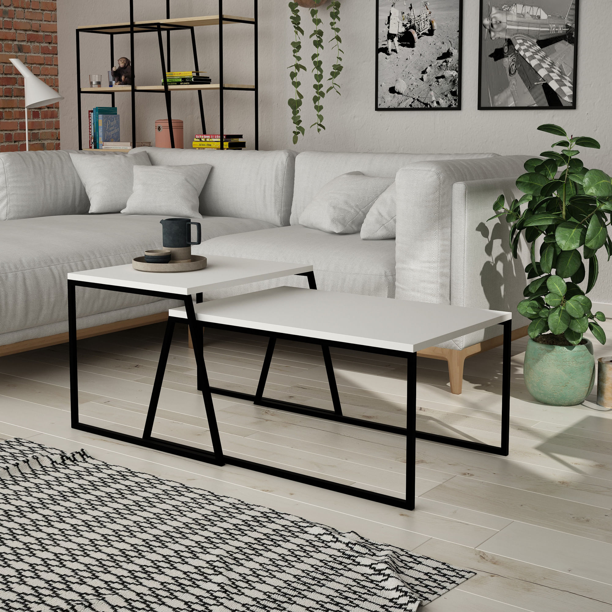 Set masute de cafea, Hanah Home, pal melaminat si metal, alb si negru, 88x50x38 cm si 57x55x45 cm — imaginea 6