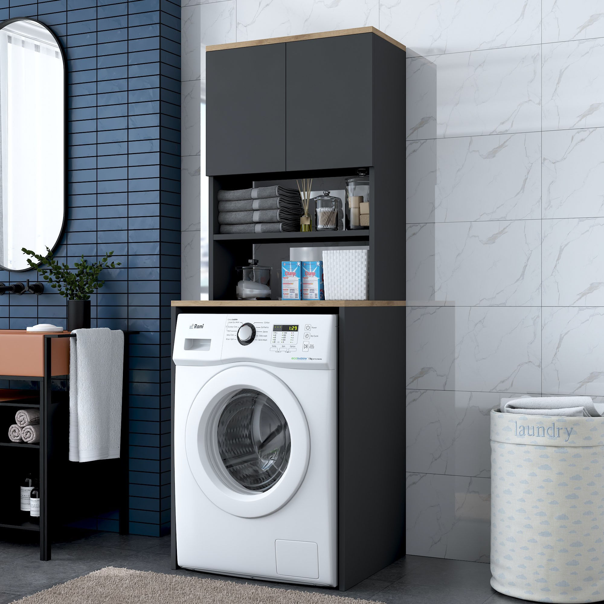 Dulap pentru masina de spalat, Hanah Home, pal melaminat, nuc si antracit, 65x60x183.6 cm - imagine 7