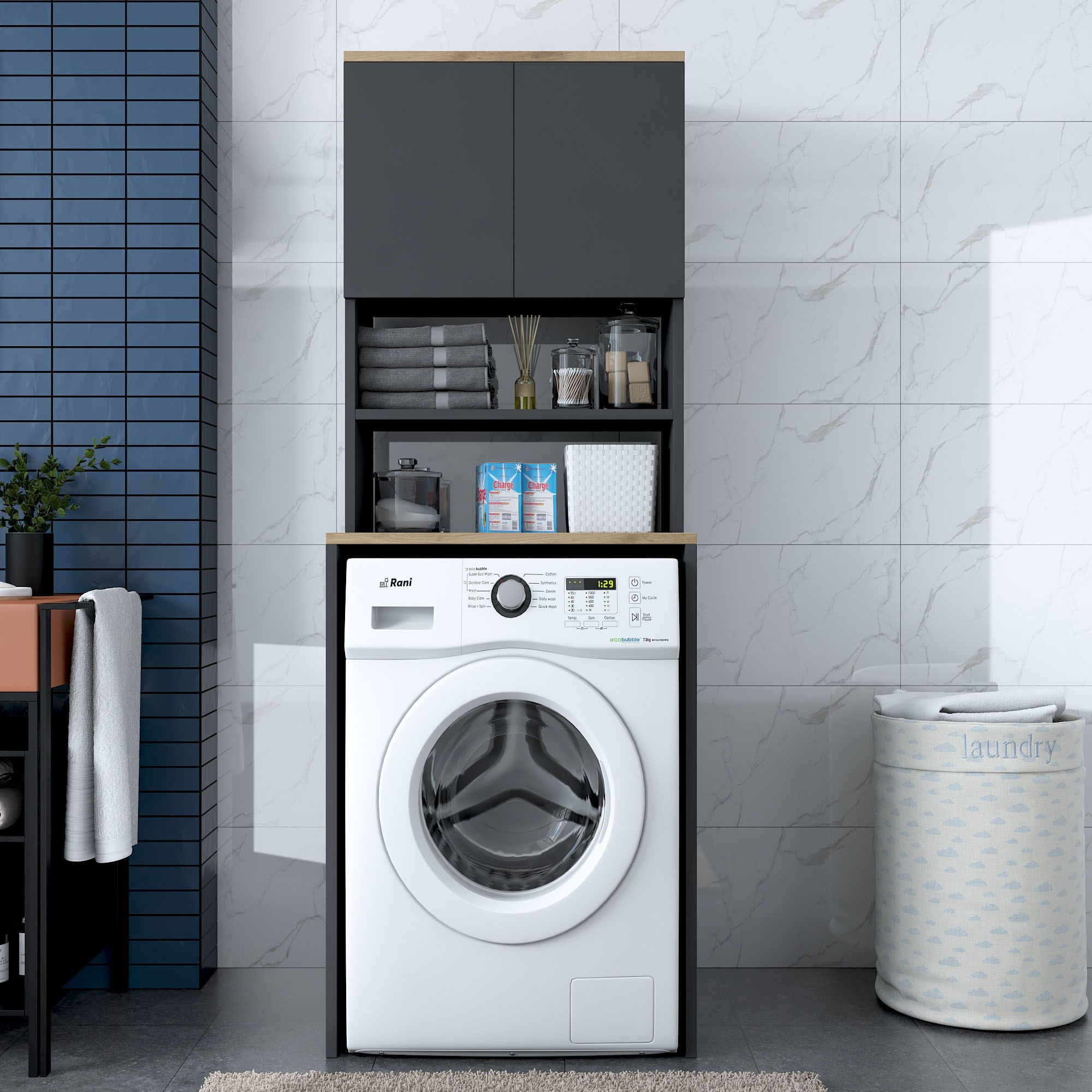 Dulap pentru masina de spalat, Hanah Home, pal melaminat, nuc si antracit, 65x60x183.6 cm - imagine 8