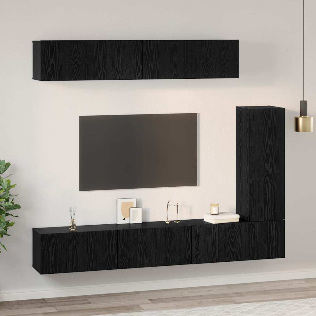 Set comoda TV cu raft Pe perete Altele 6 pcs Stejar negru 30.5 x 30 x 90 cm — imaginea 4