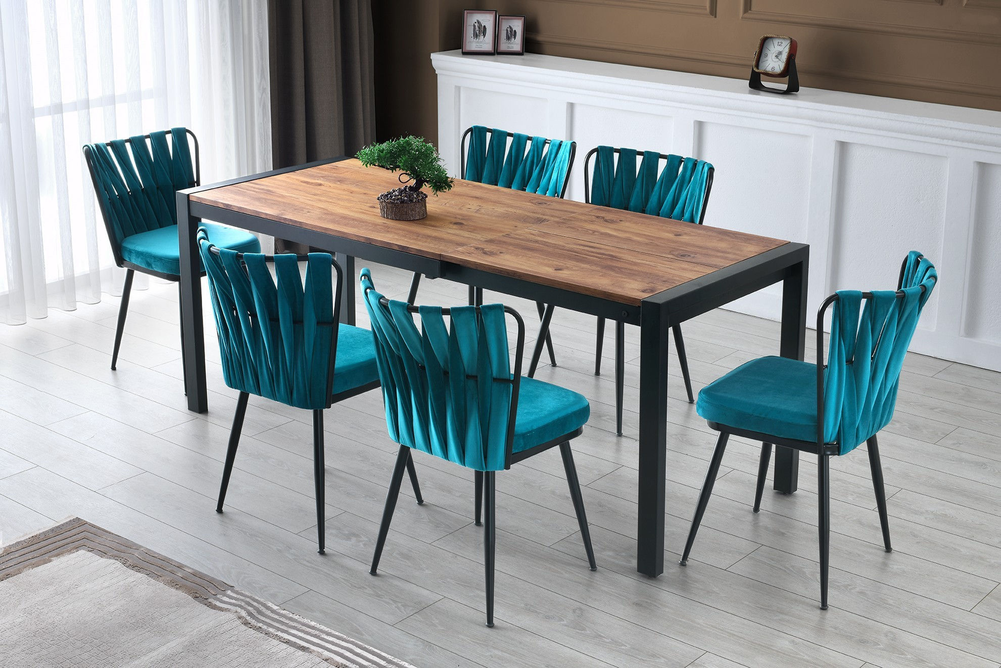 Set scaune, Hanah Home, metal, catifea, negru si albastru, 43x43x82 cm — imaginea 2