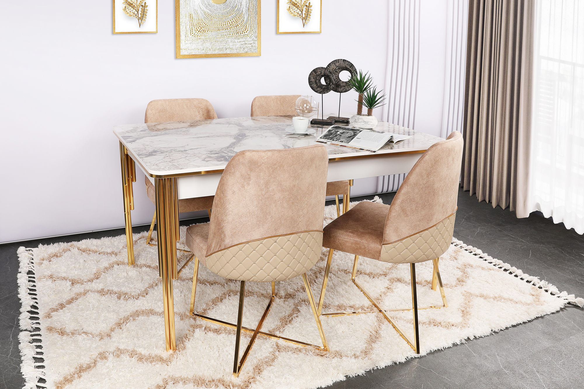 Set scaune, Hanah Home, metal, catifea sau piele ecologica, auriu maro, 50x49x90 cm, 2 bucati — imaginea 2