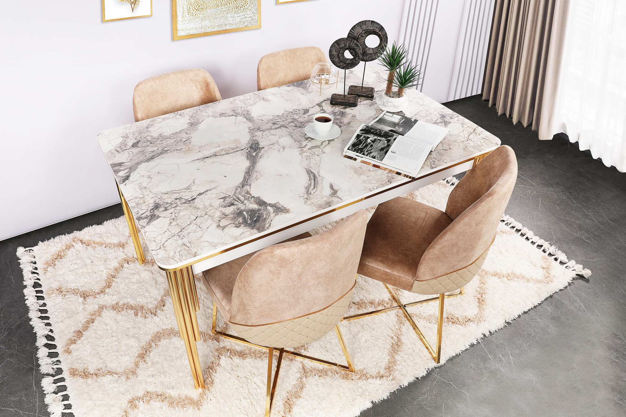 Set scaune, Hanah Home, metal, catifea sau piele ecologica, auriu maro, 50x49x90 cm, 2 bucati — imaginea 6