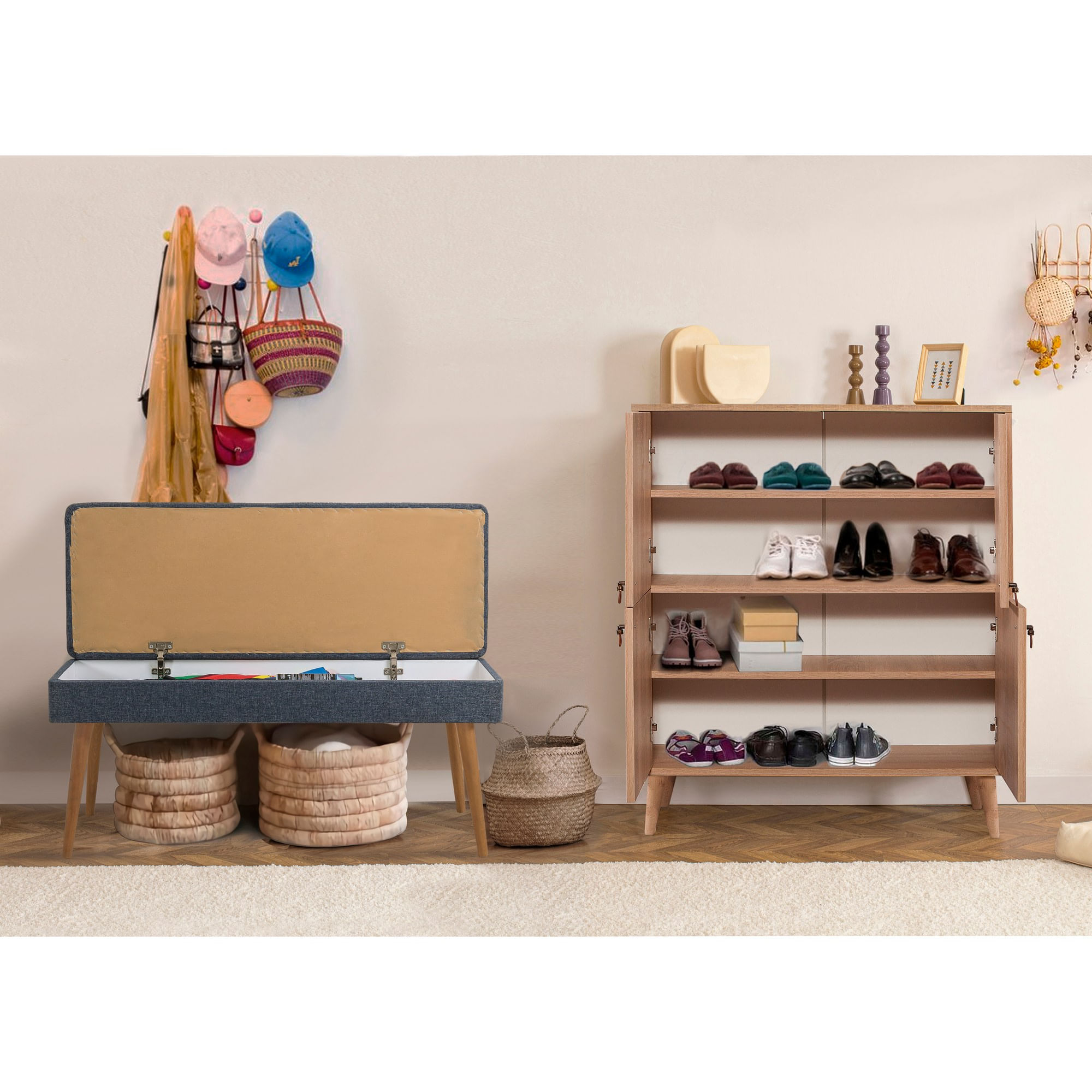 Set mobilier hol, Hanah Home, pal melaminat, sonoma si albastru inchis, 95x111x36 cm — imaginea 2