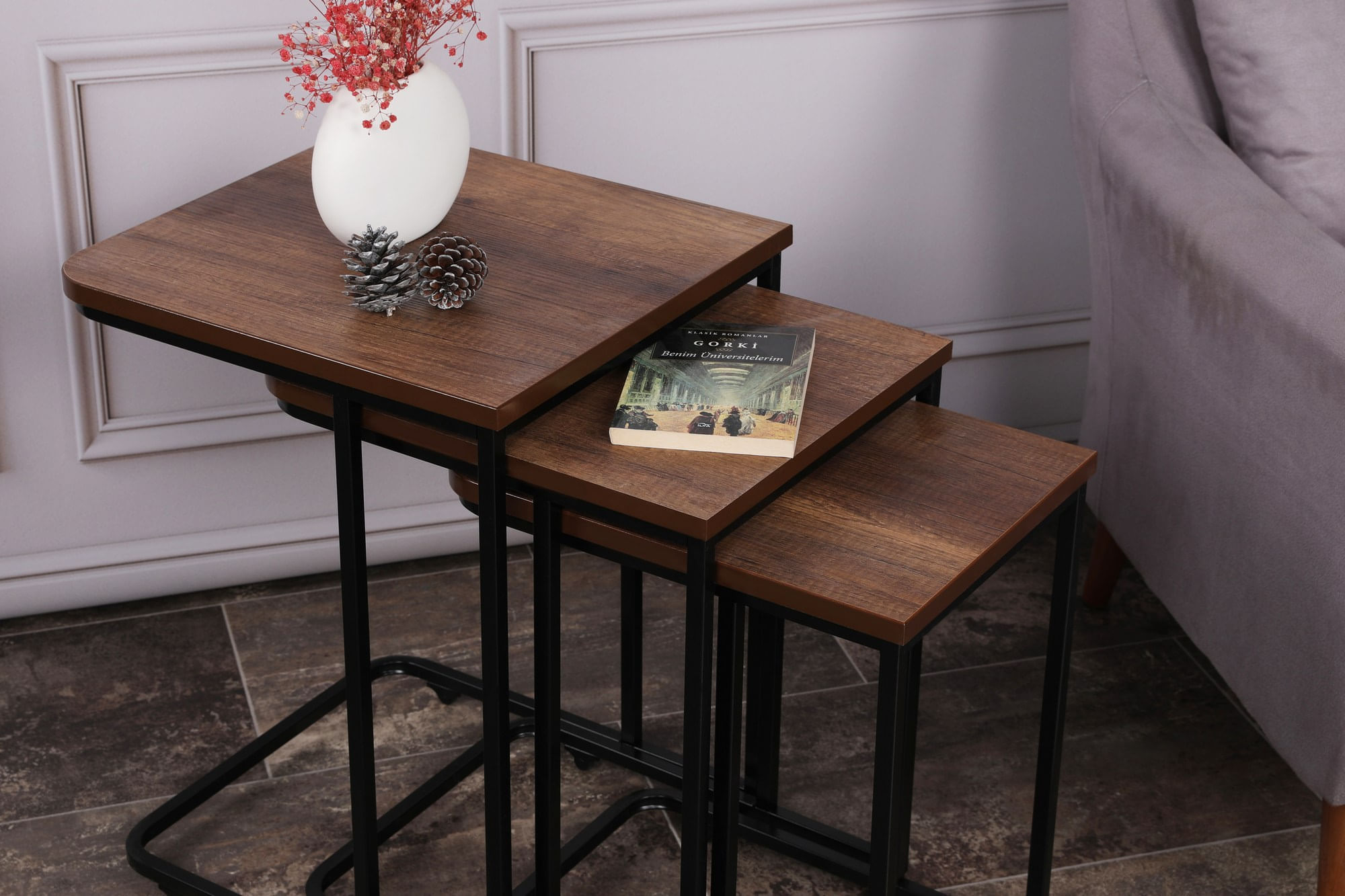 Set masute cuib, Hanah Home, metal si mdf, nuc si negru, 41x46x48.8 cm, 36x44x53.8 cm, 31x42x59 cm — imaginea 2