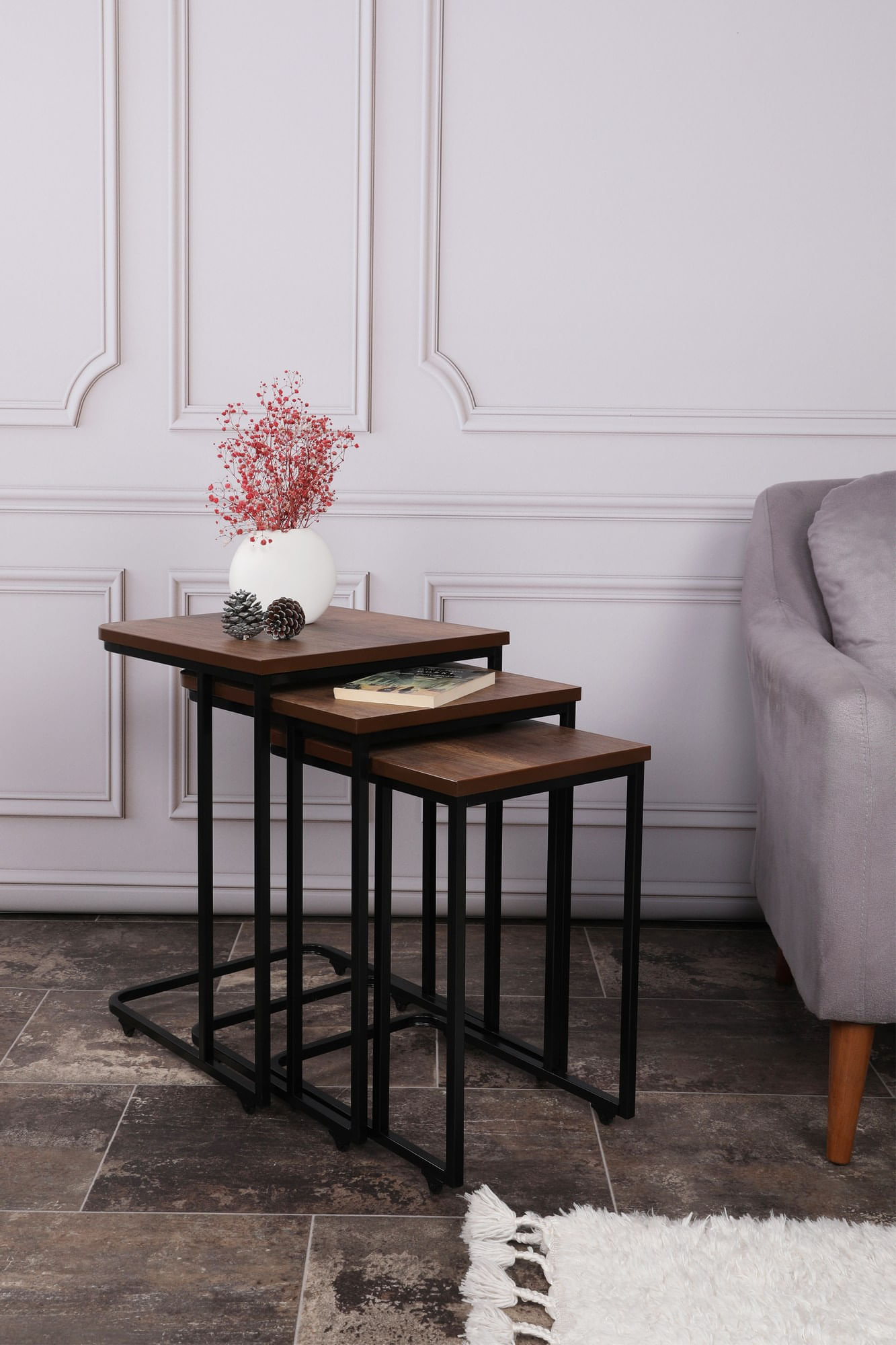 Set masute cuib, Hanah Home, metal si mdf, nuc si negru, 41x46x48.8 cm, 36x44x53.8 cm, 31x42x59 cm — imaginea 4