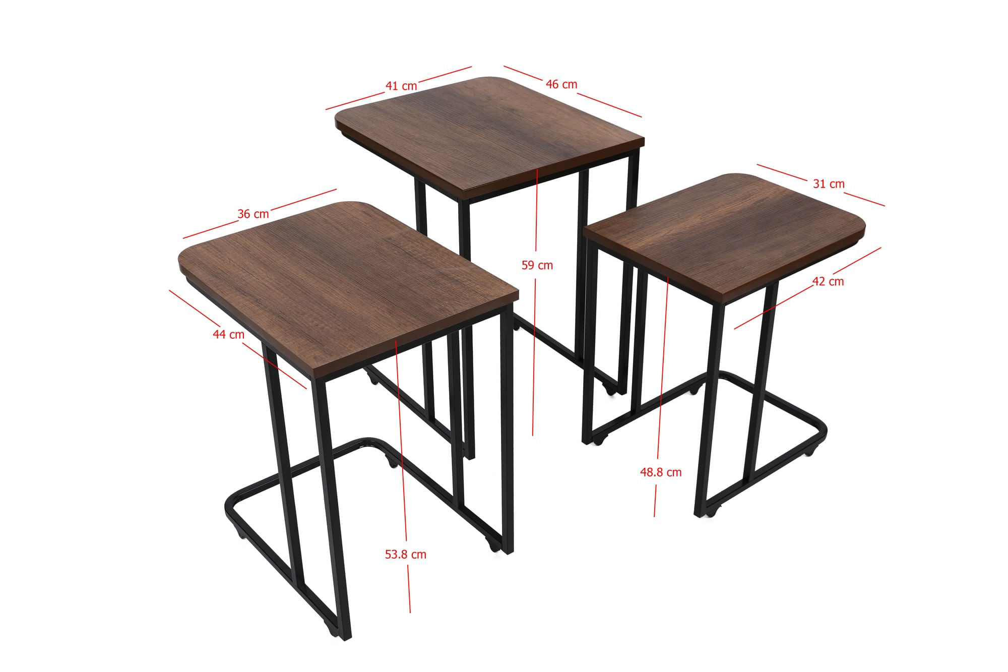 Set masute cuib, Hanah Home, metal si mdf, nuc si negru, 41x46x48.8 cm, 36x44x53.8 cm, 31x42x59 cm — imaginea 10