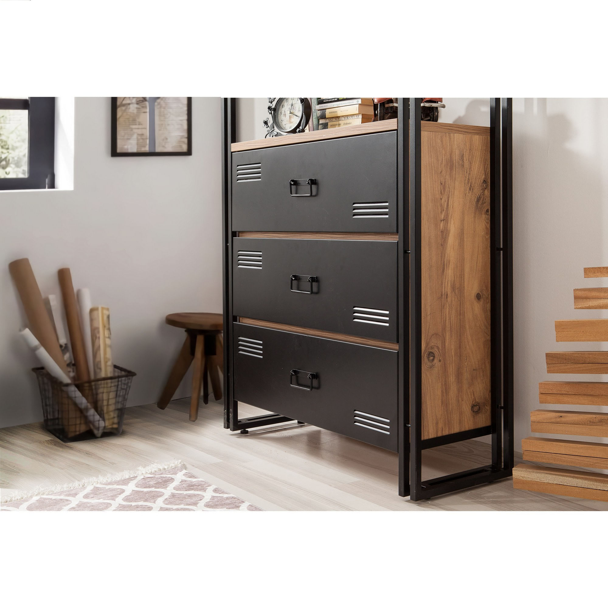 Set mobilier birou, Hanah Home, pal melaminat, pin atlantic si negru, birou 139x60x75 cm, raft 90x35x180 cm — imaginea 2