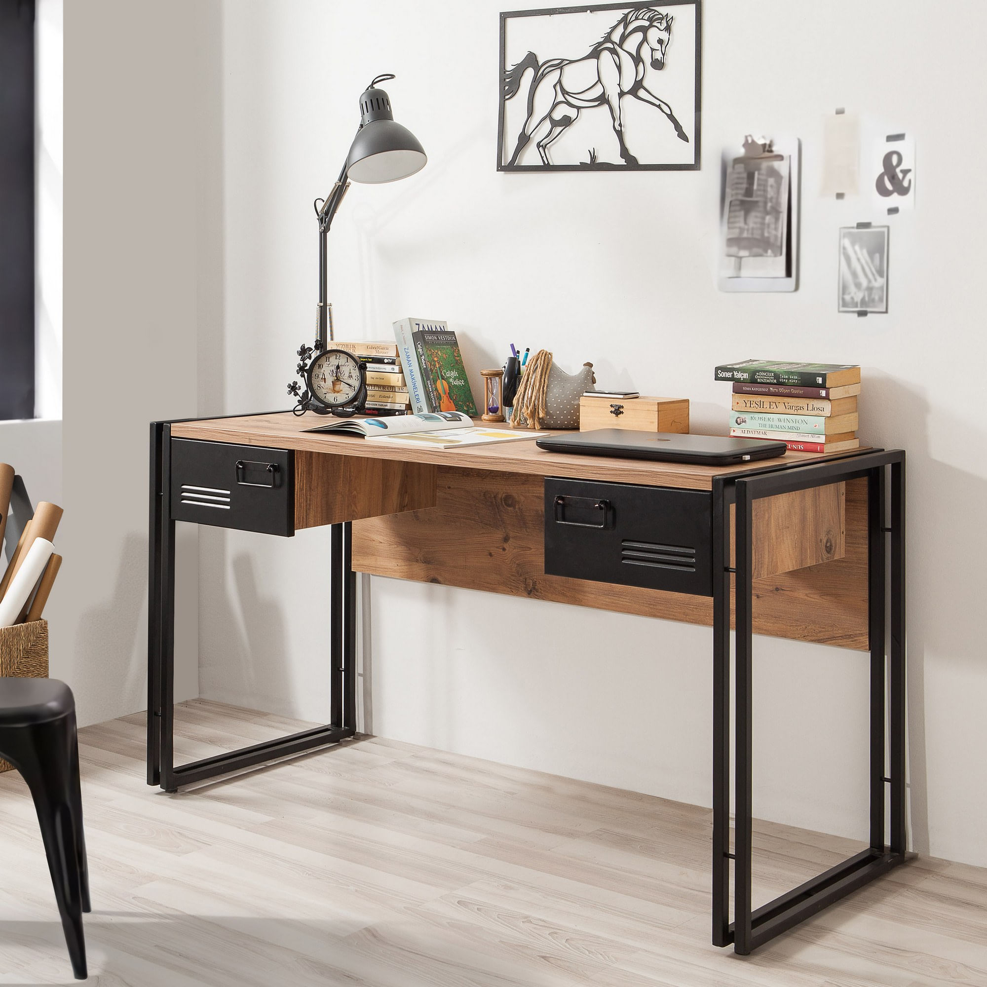 Set mobilier birou, Hanah Home, pal melaminat, pin atlantic si negru, birou 139x60x75 cm, raft 90x35x180 cm — imaginea 3