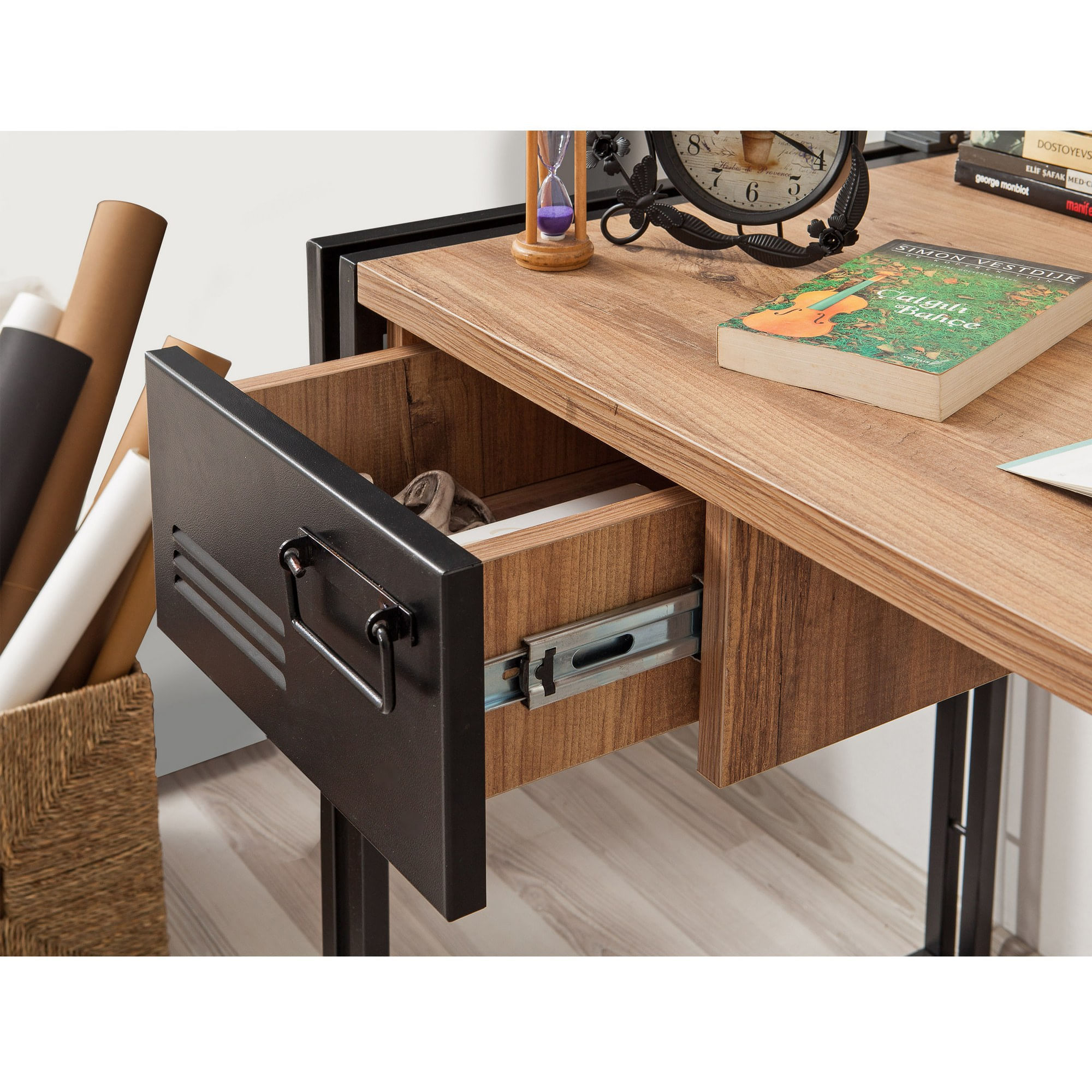 Set mobilier birou, Hanah Home, pal melaminat, pin atlantic si negru, birou 139x60x75 cm, raft 90x35x180 cm — imaginea 4