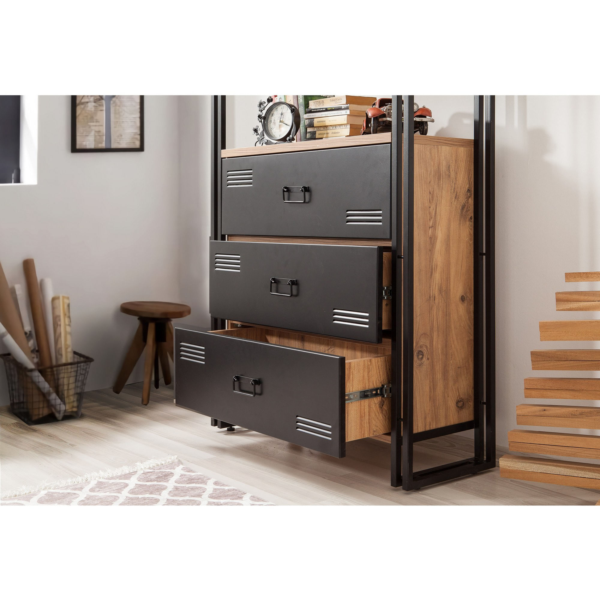 Set mobilier birou, Hanah Home, pal melaminat, pin atlantic si negru, birou 139x60x75 cm, raft 90x35x180 cm — imaginea 5
