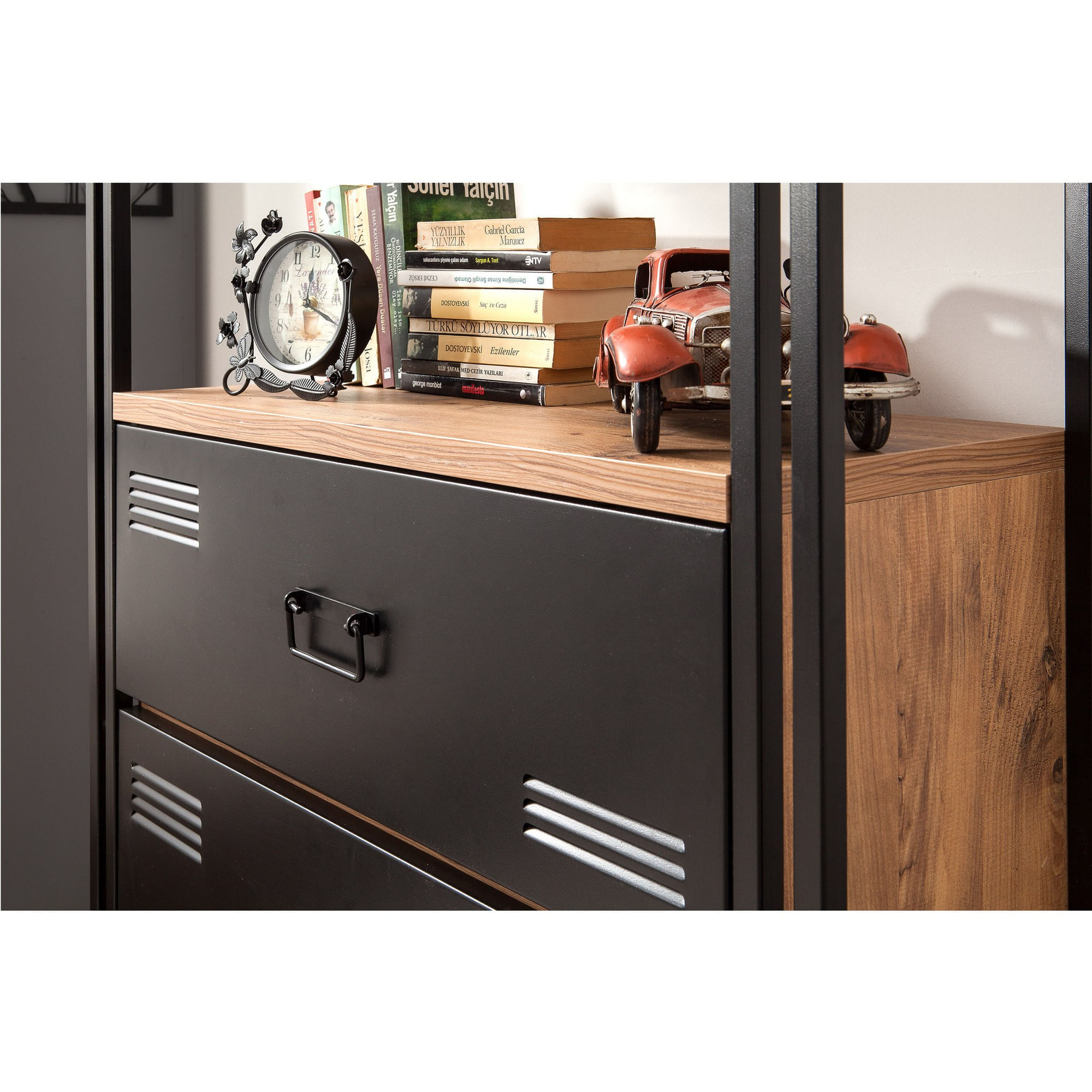 Set mobilier birou, Hanah Home, pal melaminat, pin atlantic si negru, birou 139x60x75 cm, raft 90x35x180 cm — imaginea 6