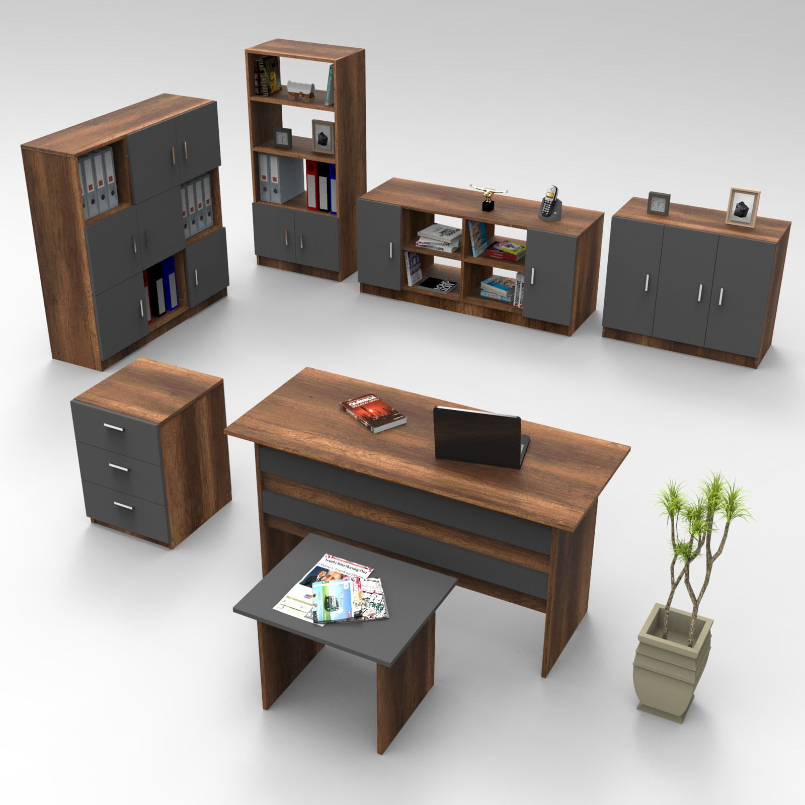 Set mobilier birou, Hanah Home, PAL melaminat, baroc si antracit, 956LCS3408