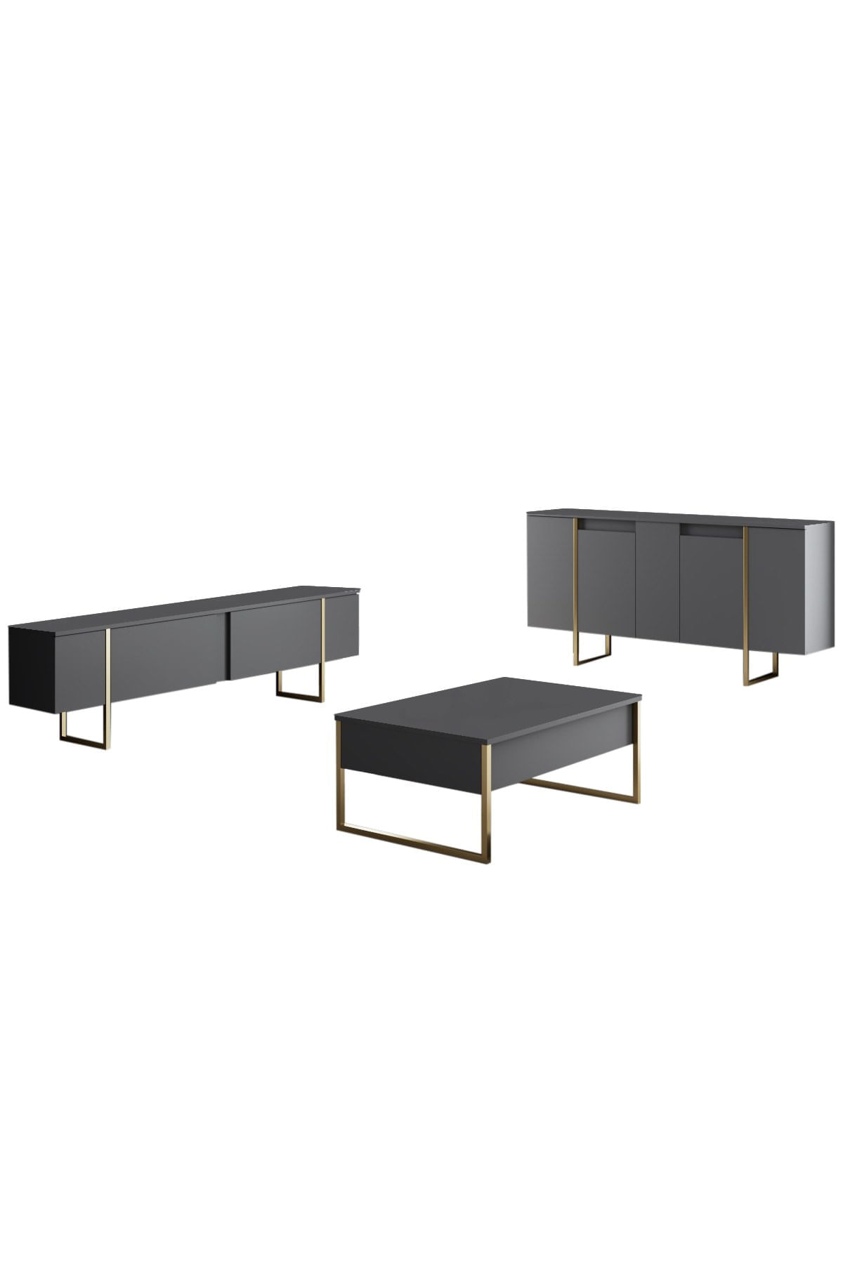 Set mobilier living, Hanah Home, pal melaminat, antracit, auriu, picioare metalice
