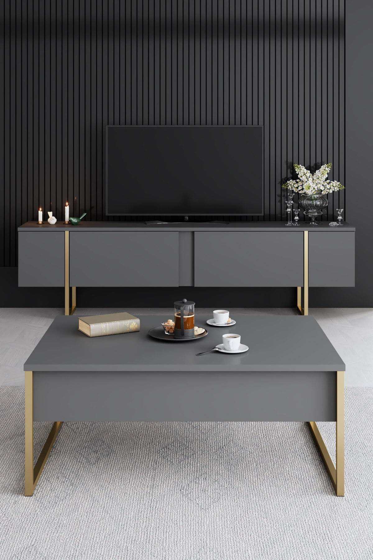 Set mobilier living, Hanah Home, pal melaminat, antracit, auriu, picioare metalice - imagine 2